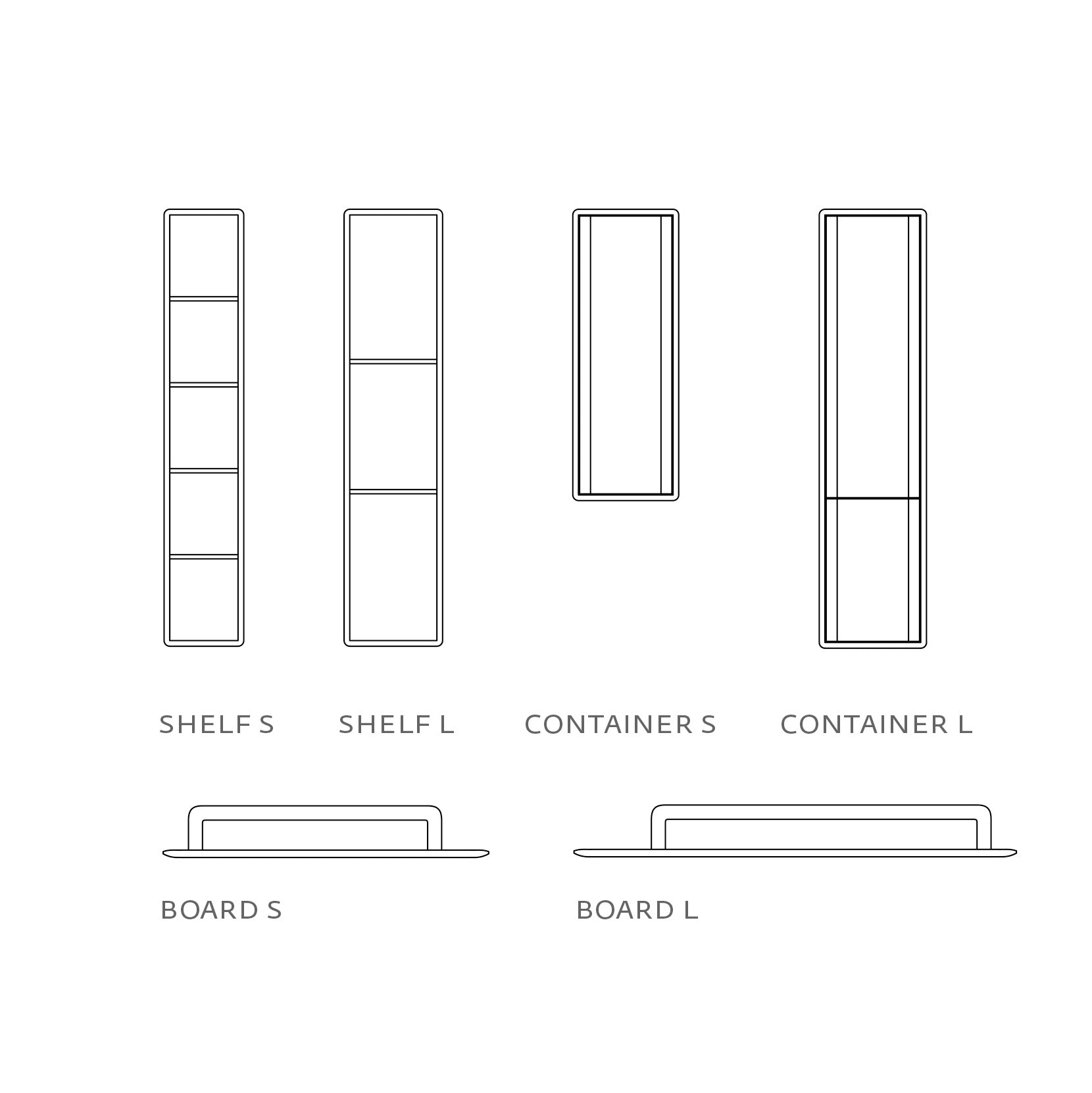 Diagram showcasing four INVITO MS Wall Modules designs by Artisan: Shelf S, Shelf L, Container S, and Container L. Made of solid wood, this modular system features two boards labeled Board S and Board L shown in a side view to illustrate their thickness.