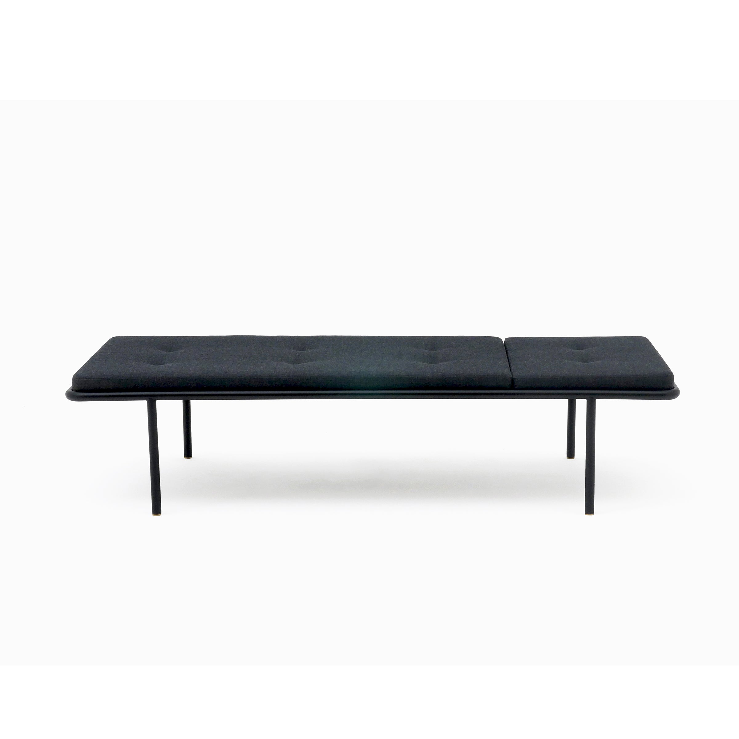 2PM Day & Night Daybed with black steel frame and tufted dark cushions on minimalist legs against white background