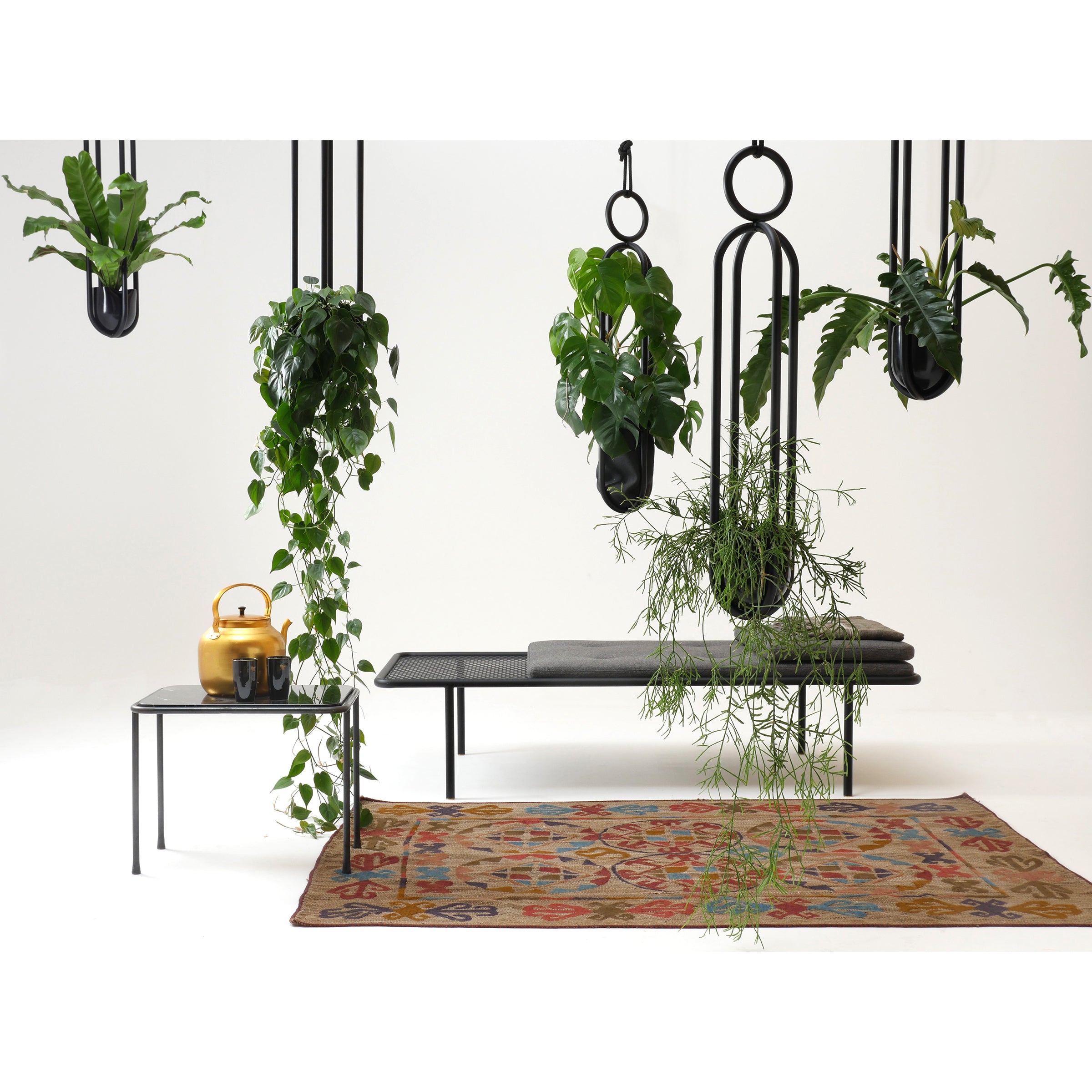 2PM Day & Night Daybed with black frame, styled with hanging plants and decorative rug in modern minimalist setting