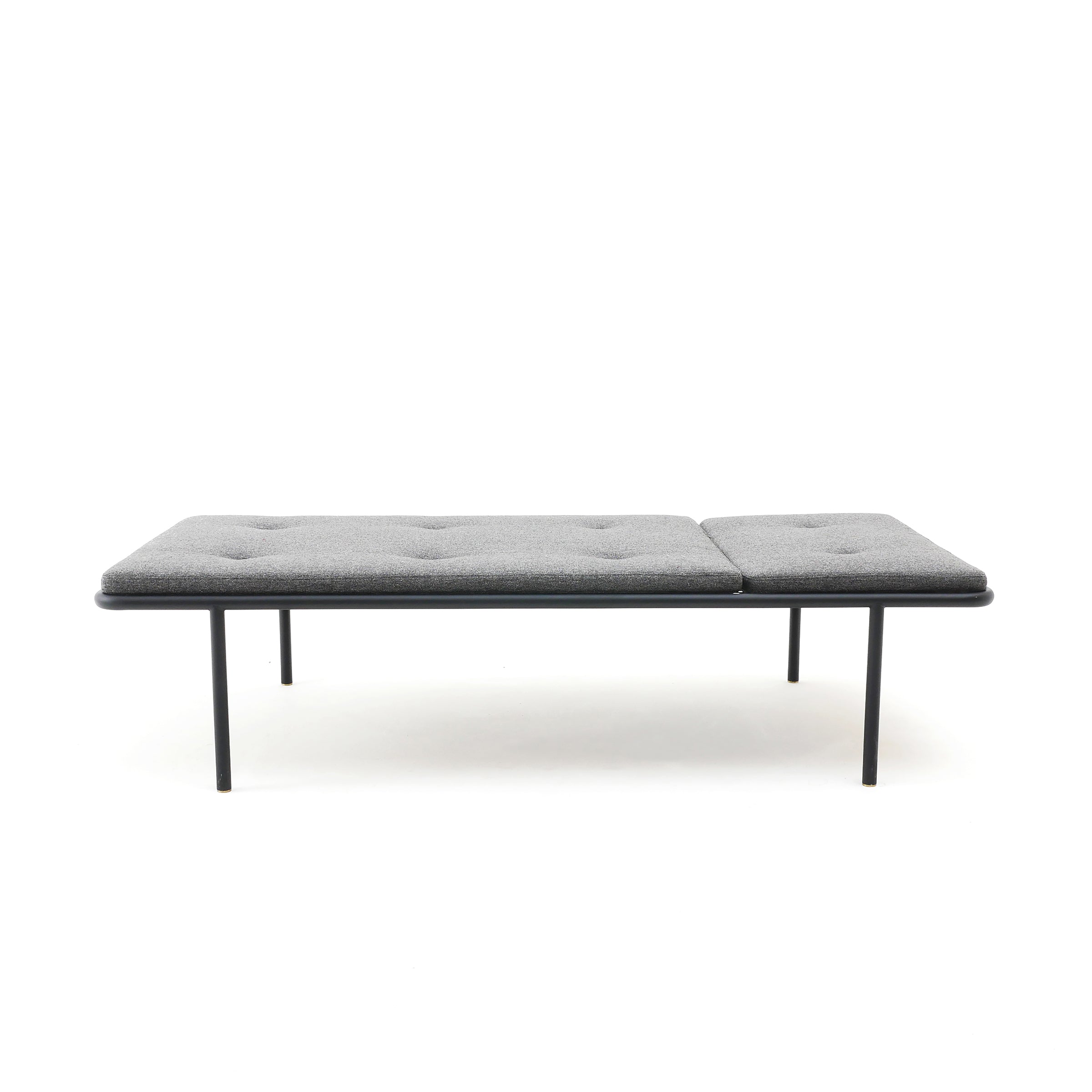 2PM Day & Night Daybed with black frame and gray tufted cushion on minimalist steel legs, modern industrial design