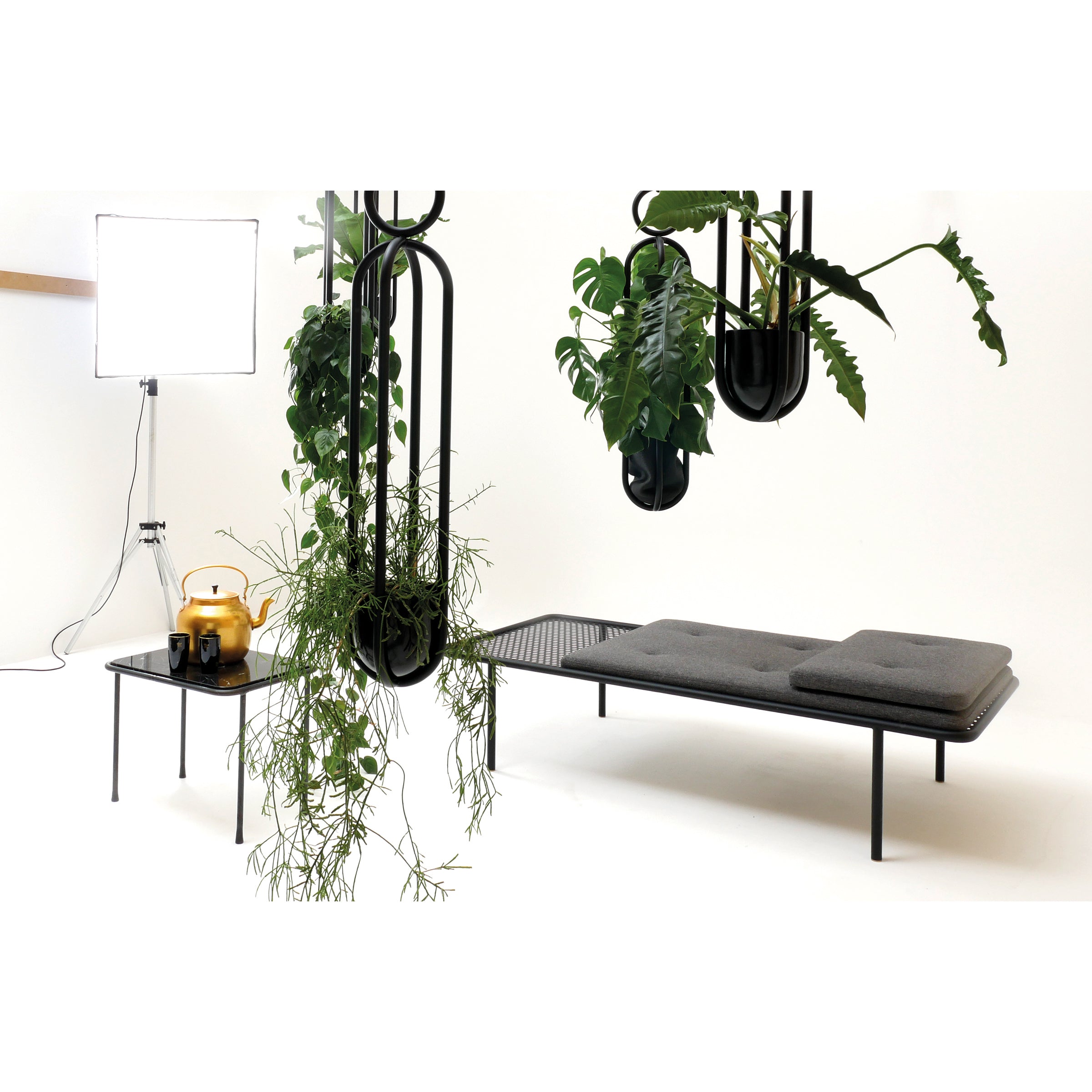 2PM Day & Night Daybed shown with black metal frame and gray cushions, surrounded by hanging plants in modern setting