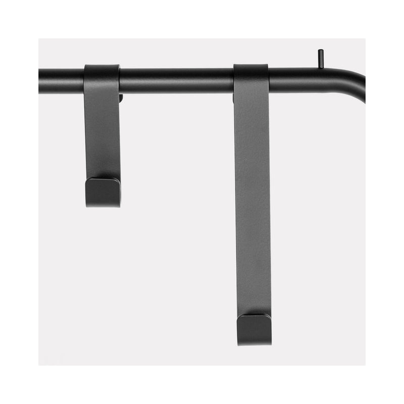 The YOUTOO by Atelier Haussmann is a black metal rail made from powder-coated steel with two sleek square hooks on a white background. The vertical design is minimalistic and modern, showcasing the signature style of Atelier Haussmann.