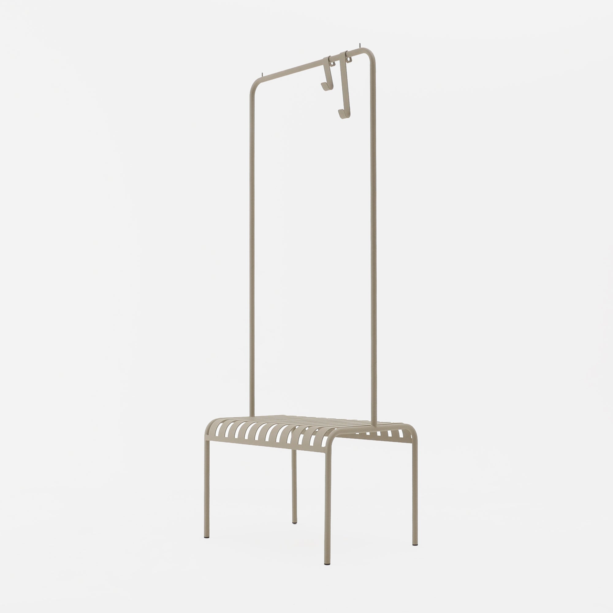 The YOUTOO by Atelier Haussmann features a minimalist beige powder-coated steel frame, a slatted bench base, and two hooks on the top bar, offering a sleek and modern design that enhances any space.