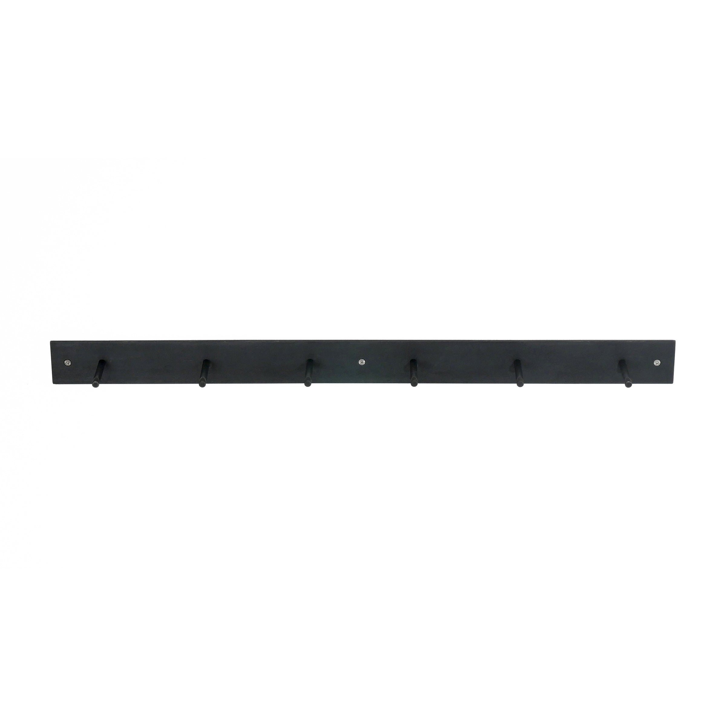 The HELLOGOODBYE coatrack by Atelier Haussmann has six evenly spaced hooks on a sleek white background. Made from raw steel, this black wall-mounted piece brings modern elegance to any space.