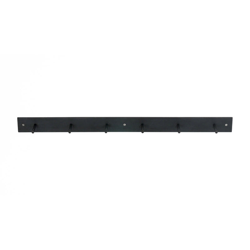 The HELLOGOODBYE coatrack by Atelier Haussmann has six evenly spaced hooks on a sleek white background. Made from raw steel, this black wall-mounted piece brings modern elegance to any space.