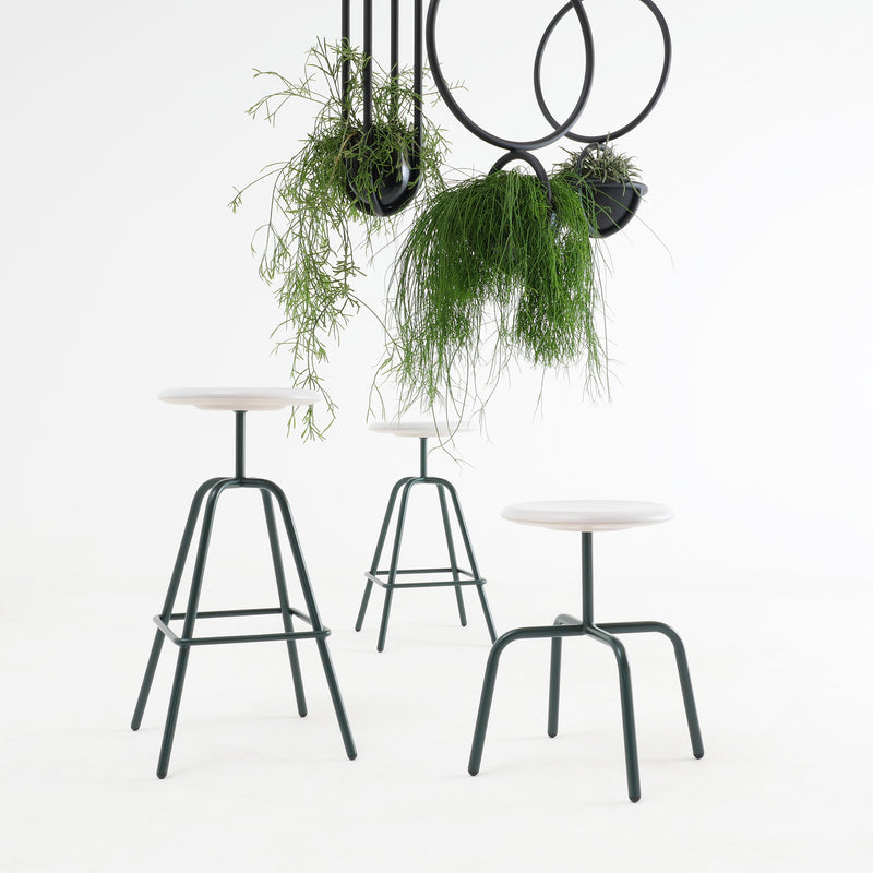 Three minimalist Atelier Haussmann Herrenberger stools with white seats and black legs are set on a white floor. Above, black metal rings display cascading green plants, creating an industrial vibe with tubular steel frames against a plain white backdrop.