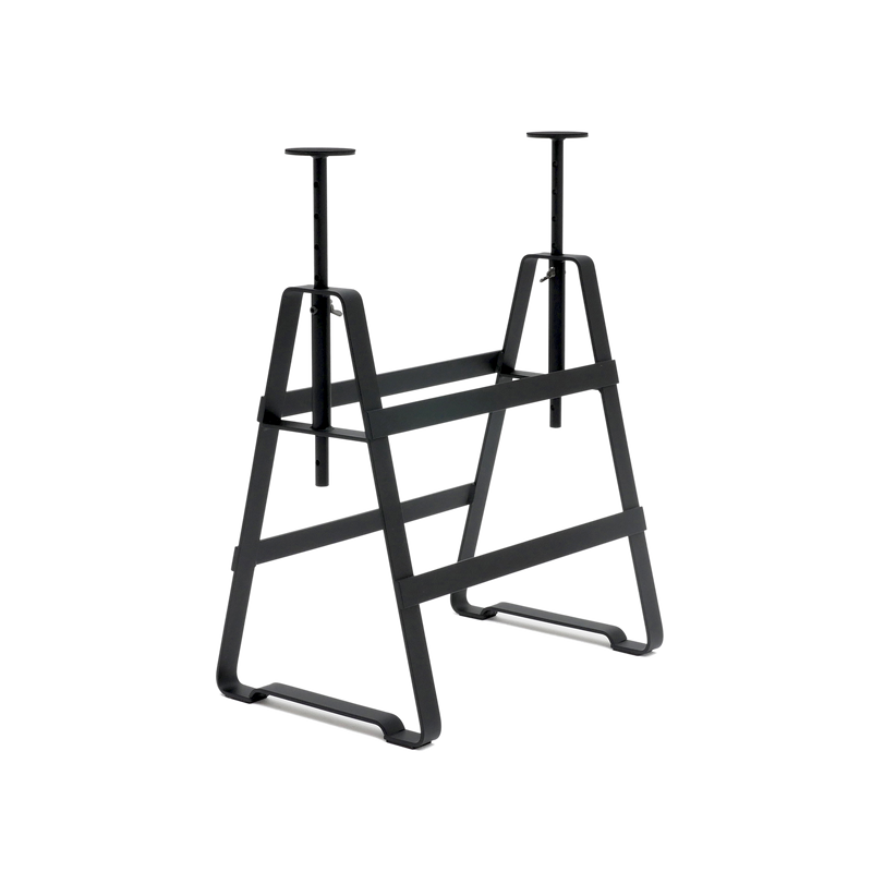 Introducing the Lackaffe Trestle by Atelier Haussmann: a black adjustable metal sawhorse crafted from powder-coated steel with a sturdy rectangular frame, height-adjustable trestle legs, and multiple crossbars, perfect for any construction or workshop task.