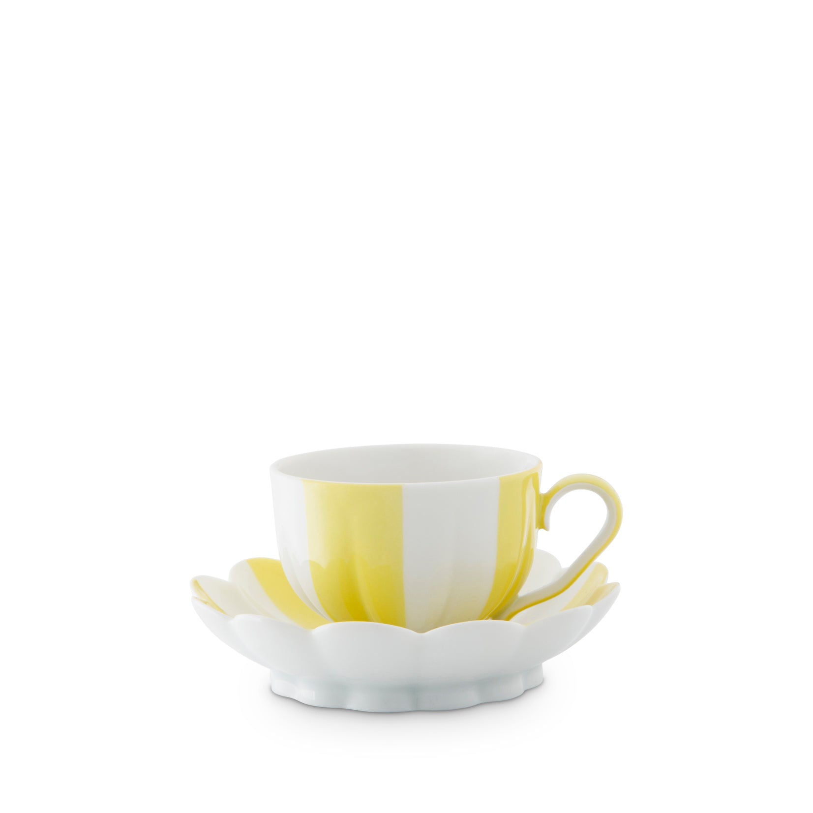 The Augarten Melon Mocha Cup features a hand-painted yellow and white striped porcelain design on a matching saucer with petal-like edges, resembling a flower. Its elegant artistic style stands out against the plain white background, reflecting its crafted inspiration from the Melon Service.