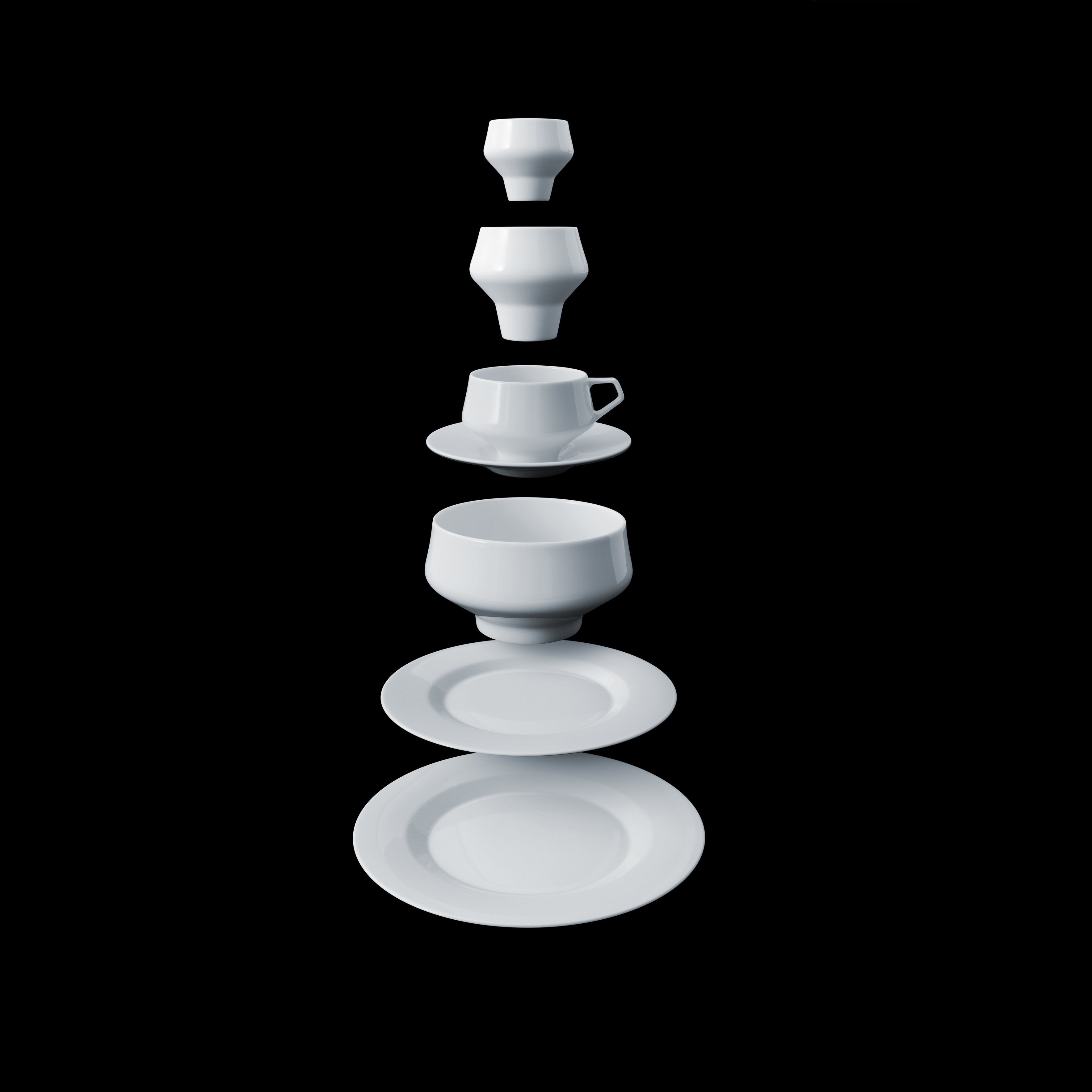 A vertical display of Augarten - Shortcut - Sale by Augarten features white tableware on a black background in elegant harmony. From top to bottom are: a small bowl, inverted cup, cup with handle, deep bowl, shallow bowl, and flat plate.