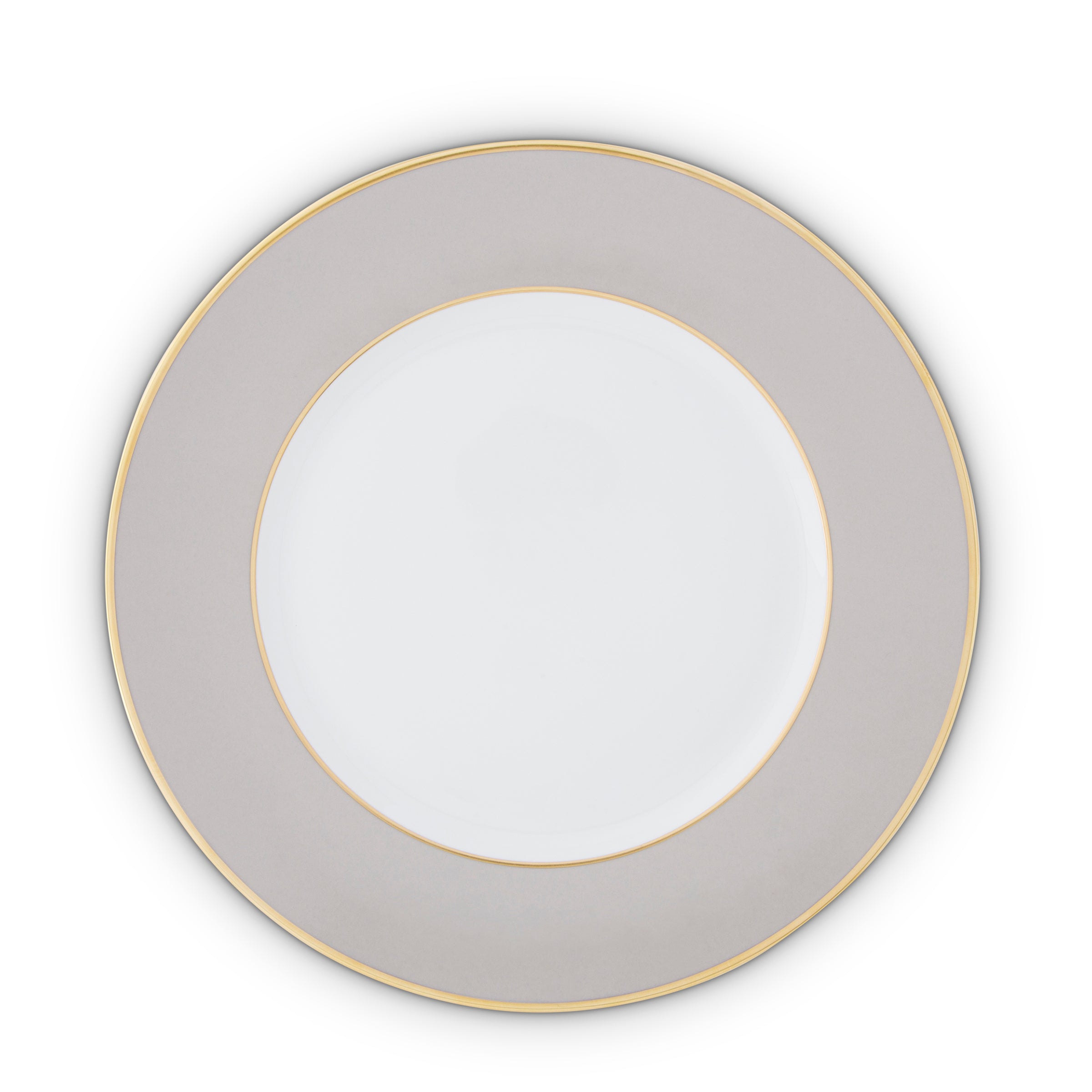 The Serving Plate Gold Rim from Augarten features a wide gray rim with delicate gold trim. Its elegant white center is captured in a top-down photo against a white background, showcasing its timeless sophistication.