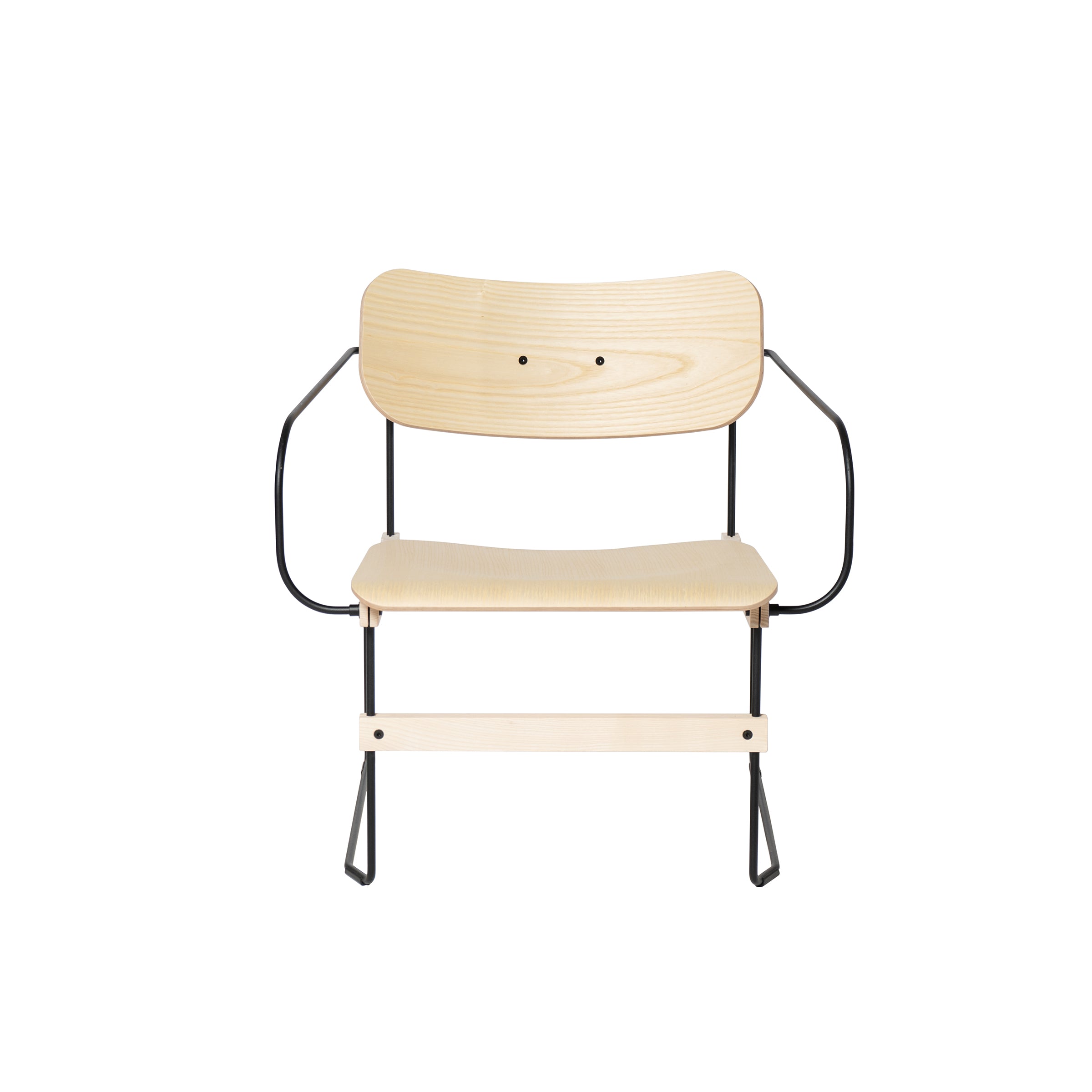 The Moormann Brutissimo chair presents a sleek front view with a light molded wood seat and backrest, complemented by slim black steel wire armrests and legs for a minimalist and contemporary design.