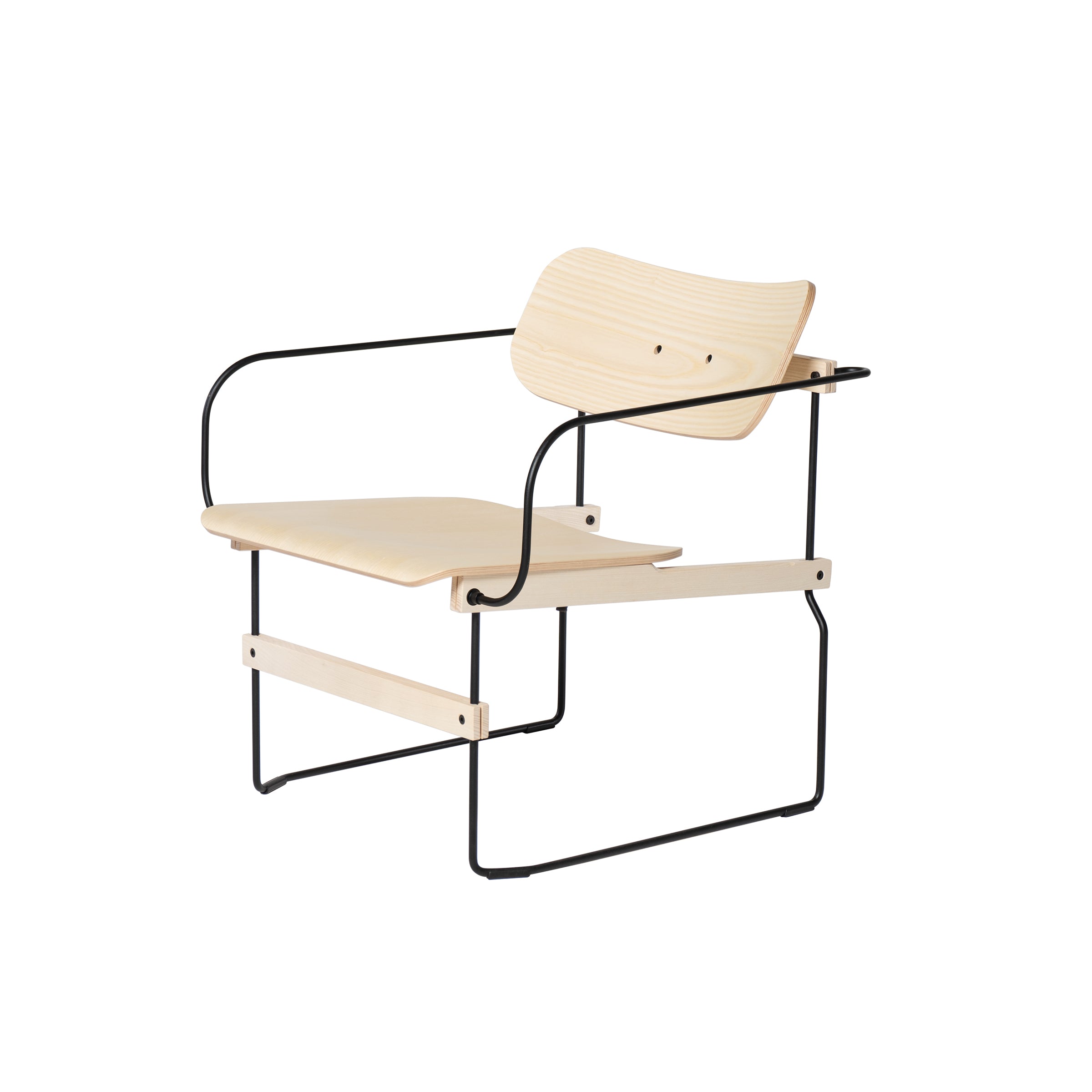 Moormanns Brutissimo is a modern minimalist wooden lounge chair featuring a light birch wood seat and backrest. It has a black steel wire frame forming the arms and legs, offering a sleek, contemporary look.