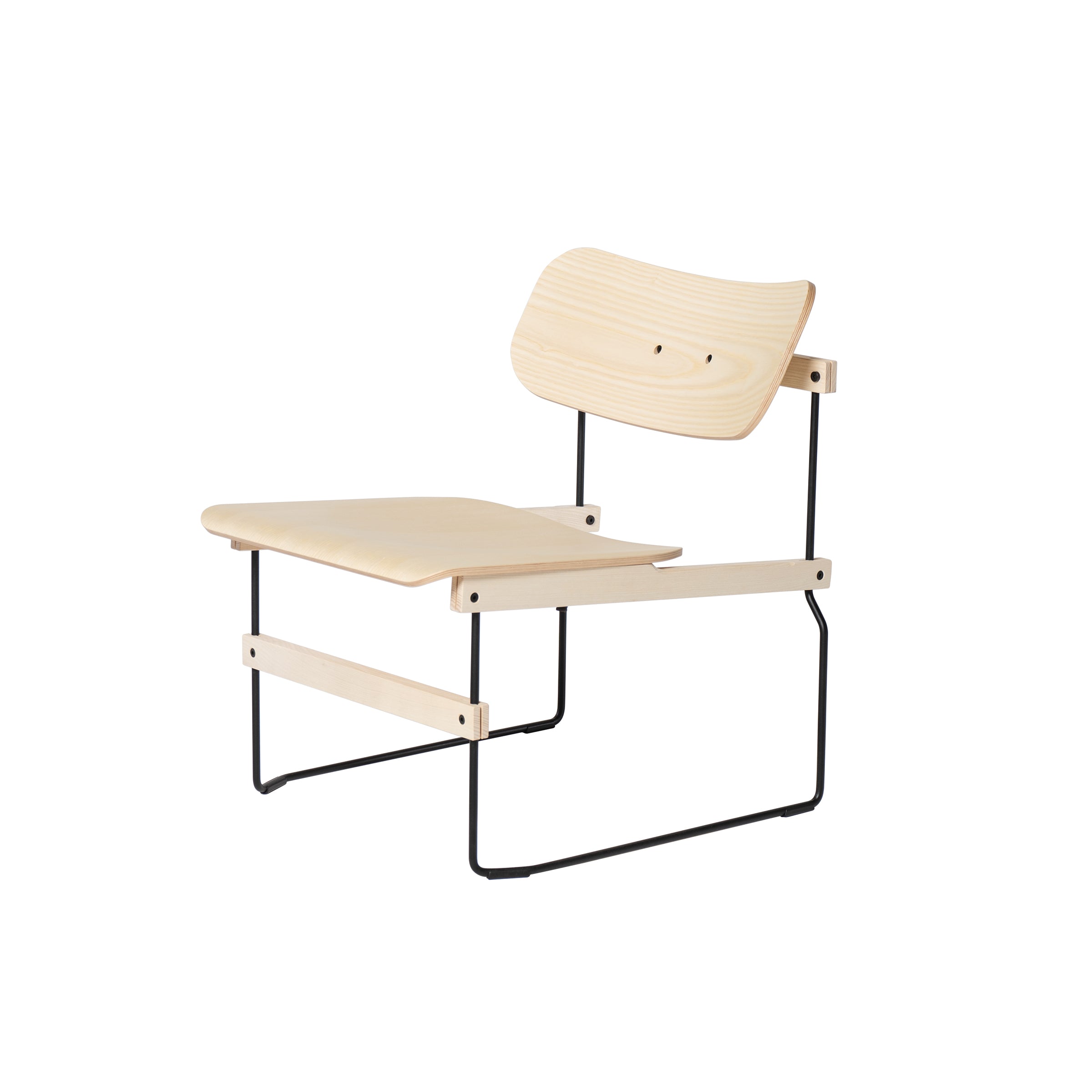 The Brutissimo by Moormann is a minimalist lounge chair with a molded wood seat and backrest featuring curved edges. It has thin black steel wire legs, creating a simple, modern design that complements any space.