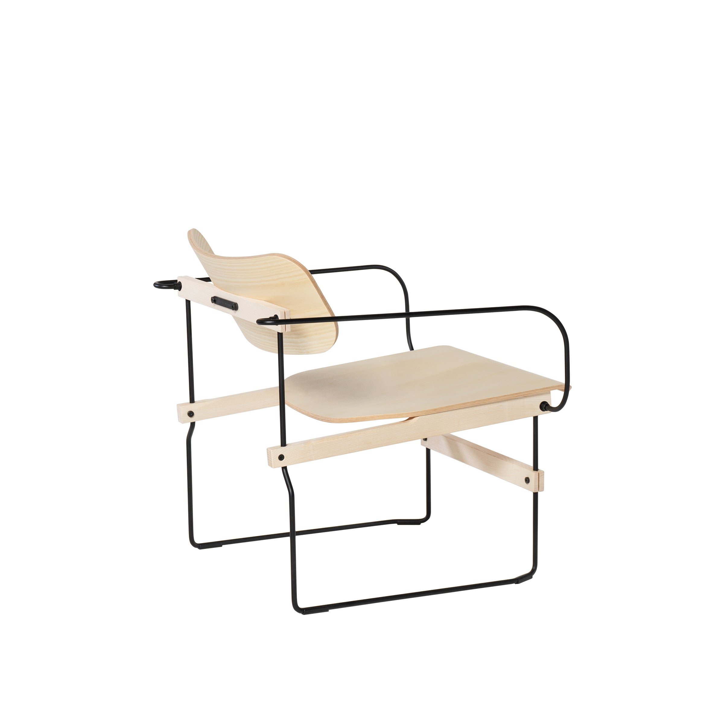 The Moormann Brutissimo is a modern lounge chair with a sleek design, featuring a light molded wood seat and slightly curved backrest for comfort. It boasts thin black metal armrests and a simple, minimalist frame.