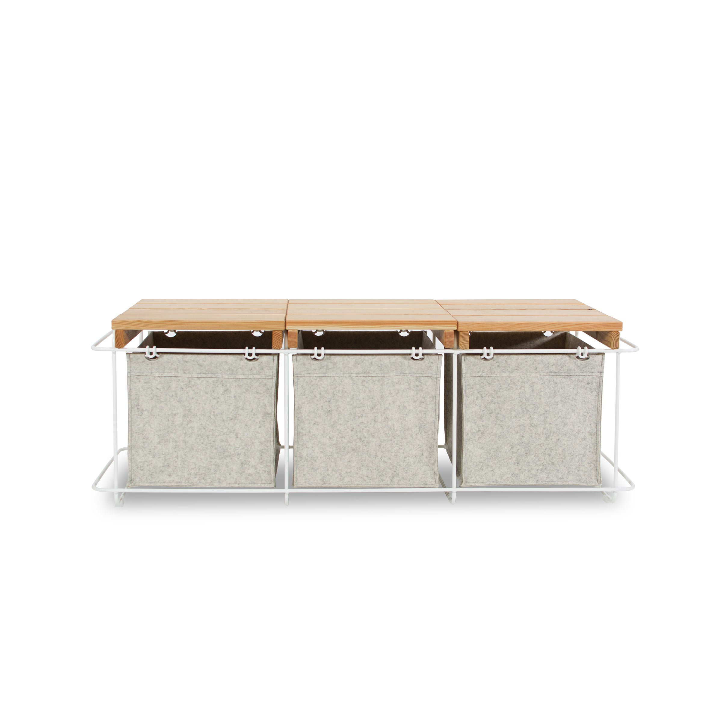 The Bartmann Berlin Grit Indoor storage bench showcases a sleek powder-coated stainless steel frame. It features three sections, each with a wooden lid and light gray fabric bin, perfect for organizing in a clean, minimalist style.