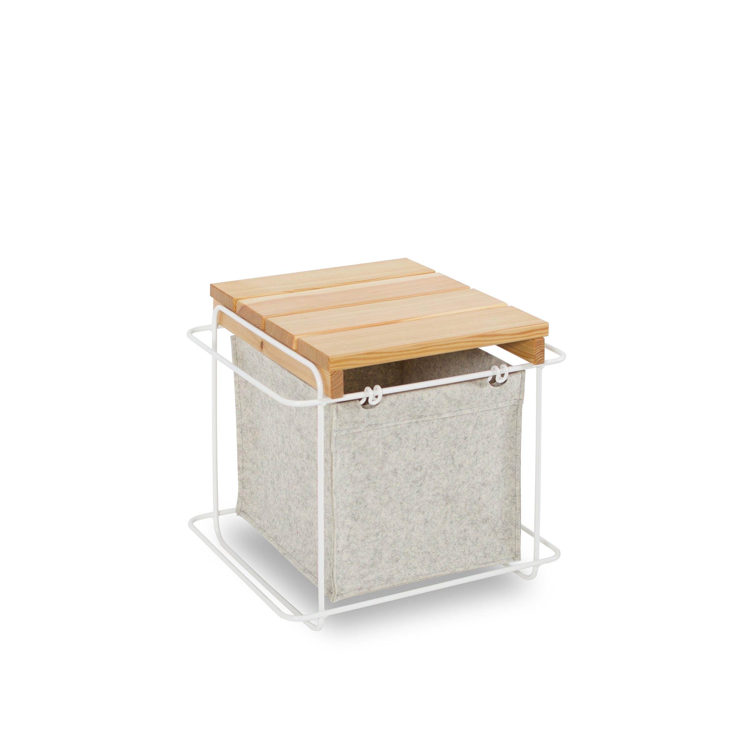 The Grit Stool Indoor by Bartmann Berlin features a compact storage box with a wooden slatted lid and a light gray wool felt compartment, all supported by a sleek stainless steel frame.