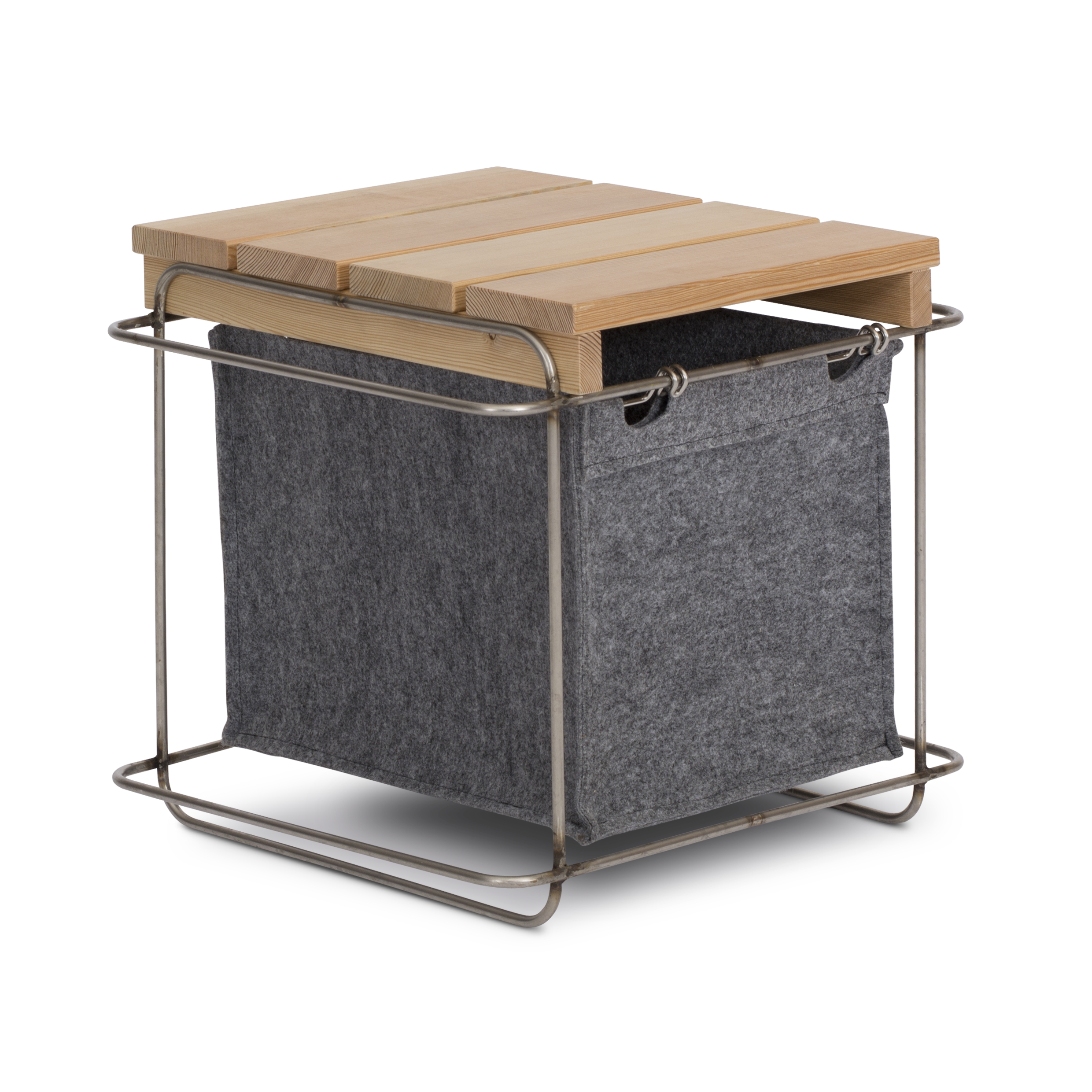 The Grit Outdoor storage basket from Bartmann Berlin combines a wooden-topped design, gray fabric body, and metal frame. Its light wood slats and suspended fabric create a modern, minimalistic look that complements any modular system.