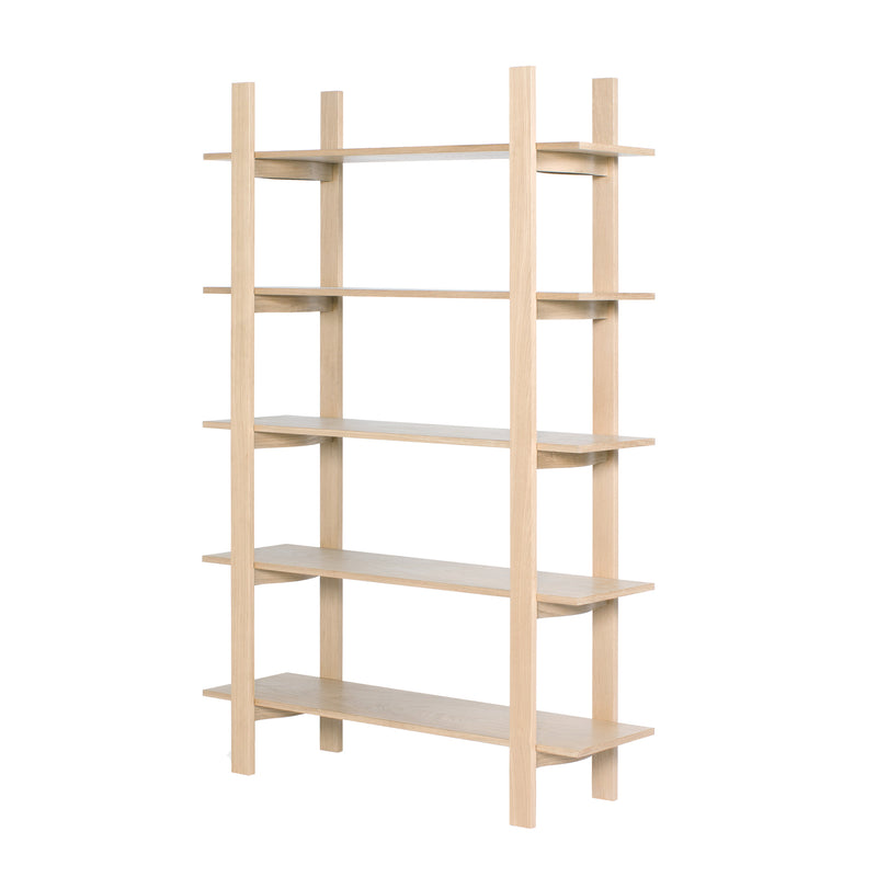 The Tonus by Bartmann Berlin is a sleek, freestanding wood bookshelf with five ladder-style open shelves. Its light wood finish and elegant design provide a minimalist, modern look ideal for displaying books and decor.
