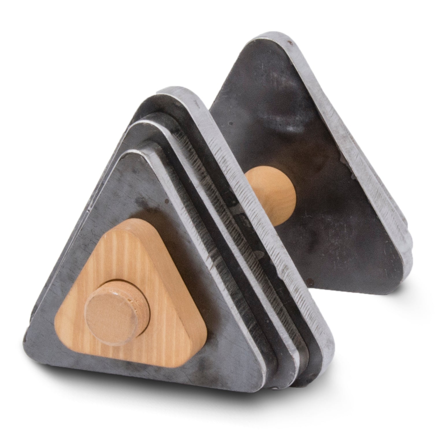 A geometric sculpture with interlocking triangular metal plates and wooden sections, reminiscent of Bartmann Berlins Trimm Dich, featuring cylindrical pegs. The textured metal contrasts with the smooth maple wood for an angular design.