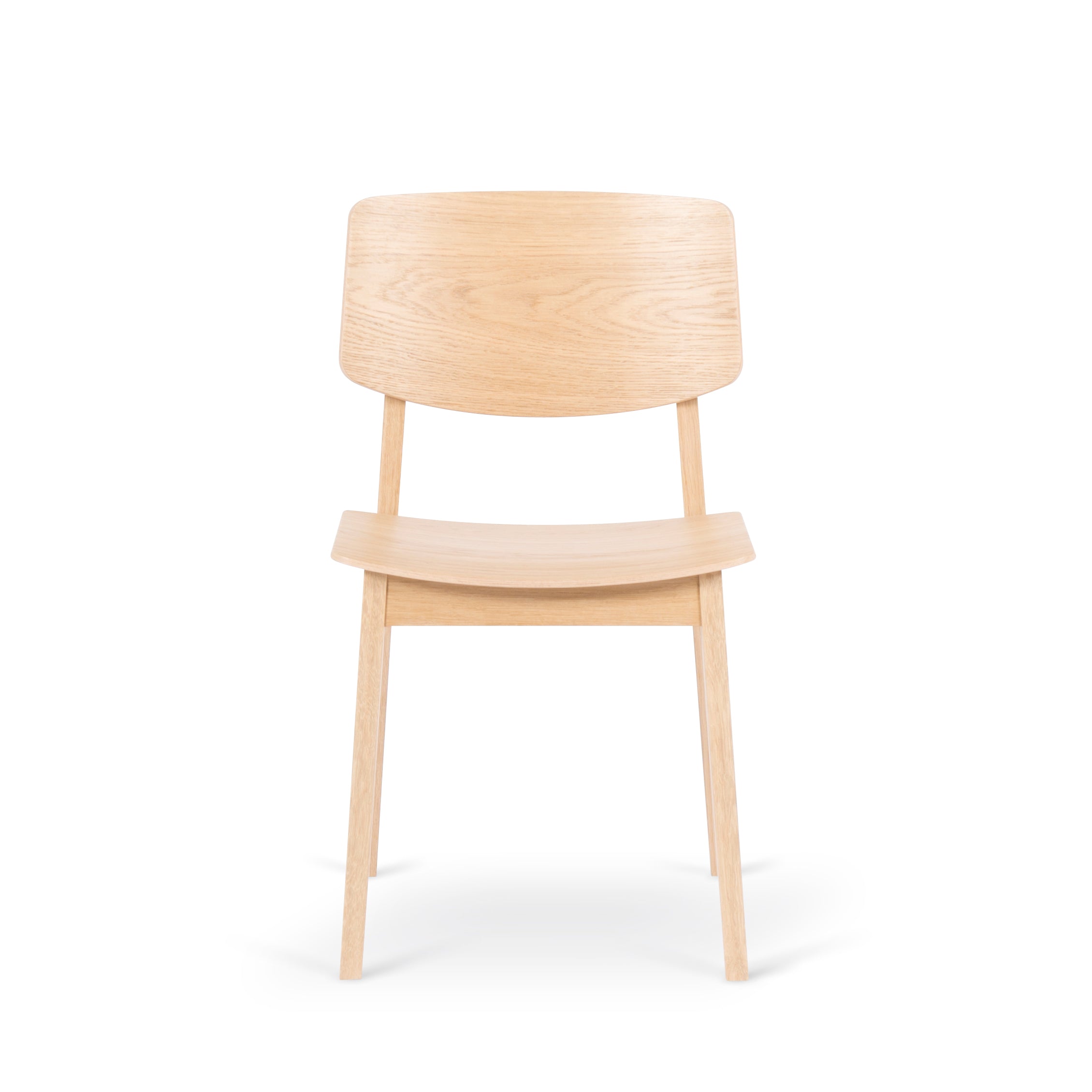 The Usus Chair by Bartmann Berlin is a minimalist piece showcasing natural elegance with a light oak finish, featuring a curved backrest and a simple flat seat, supported by four straight legs against a white background.