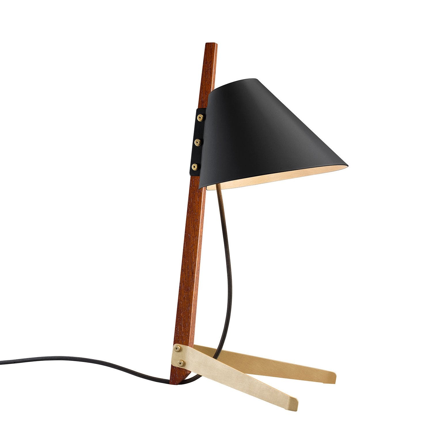 The Billy Table Ilse Crawford Edition by Kalmar is a modern lamp with a rosewood stem, black conical shade, and satin-brass feet. Showcasing Ilse Crawfords style, it features a sleek design with the shade attached to the stem and the power cord at the base.