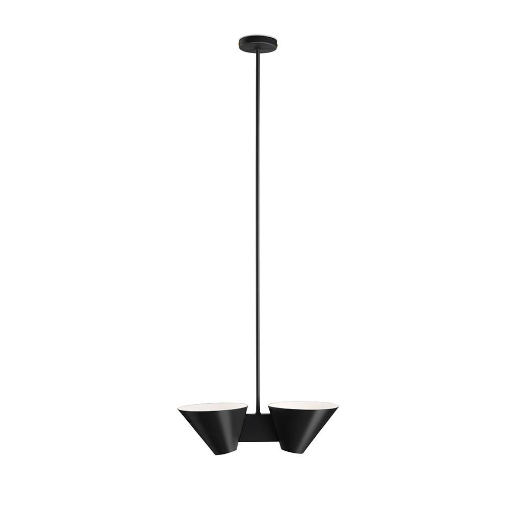 Kalmars Billy DL Ceiling lamp combines modern minimalism with a utilitarian design, featuring two upward-facing black metal cone shades on a central rod. The white interior of the shades adds an elegant contrast to this sleek, contemporary fixture.