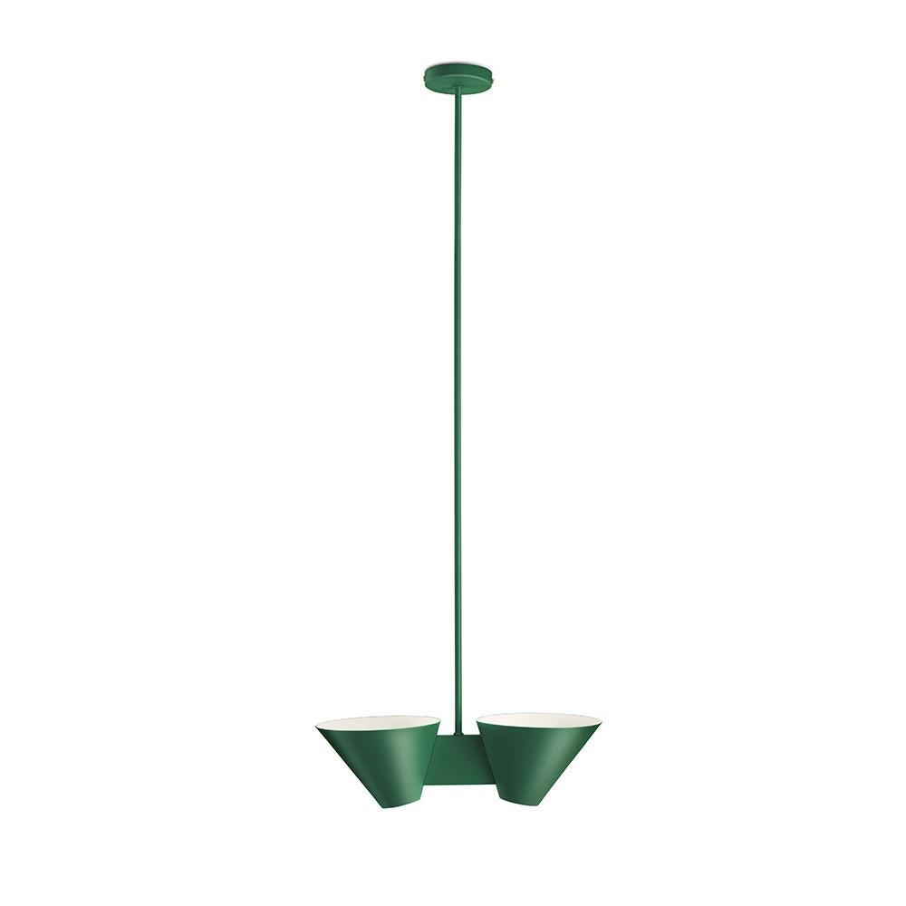 Introducing the Billy DL Ceiling by Kalmar, a modern green pendant light featuring metal shades. It has a sleek design with two downward-facing cone lamps on a horizontal beam, connecting to a central rod and ceiling mount—ideal for minimalist spaces.