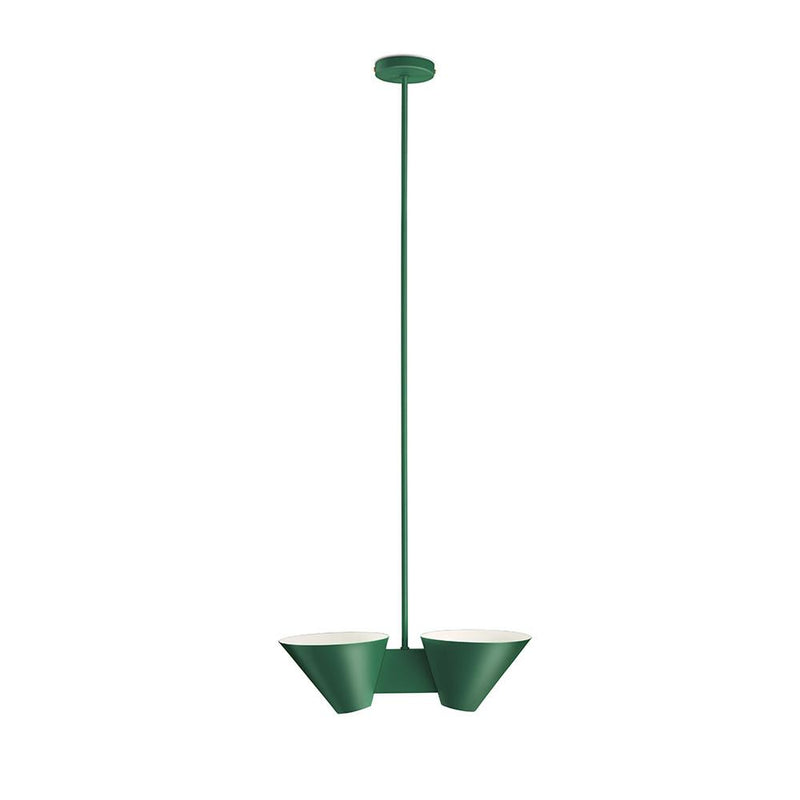 Introducing the Billy DL Ceiling by Kalmar, a modern green pendant light featuring metal shades. It has a sleek design with two downward-facing cone lamps on a horizontal beam, connecting to a central rod and ceiling mount—ideal for minimalist spaces.