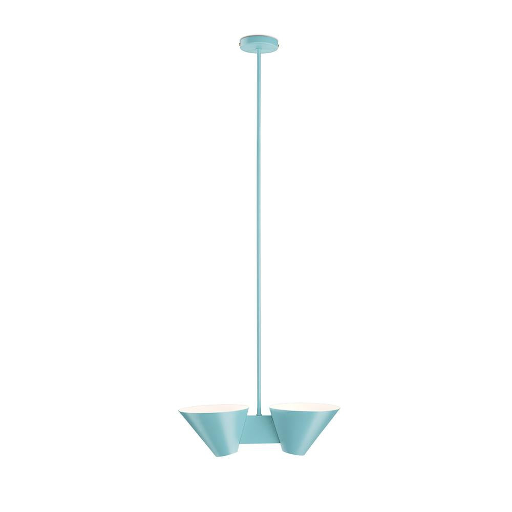 Introducing the Kalmar Billy DL Ceiling lamp: a utilitarian modern masterpiece. This minimalist pendant features upward-facing pastel blue metal cone shades, linked by a central rod from its round ceiling mount.