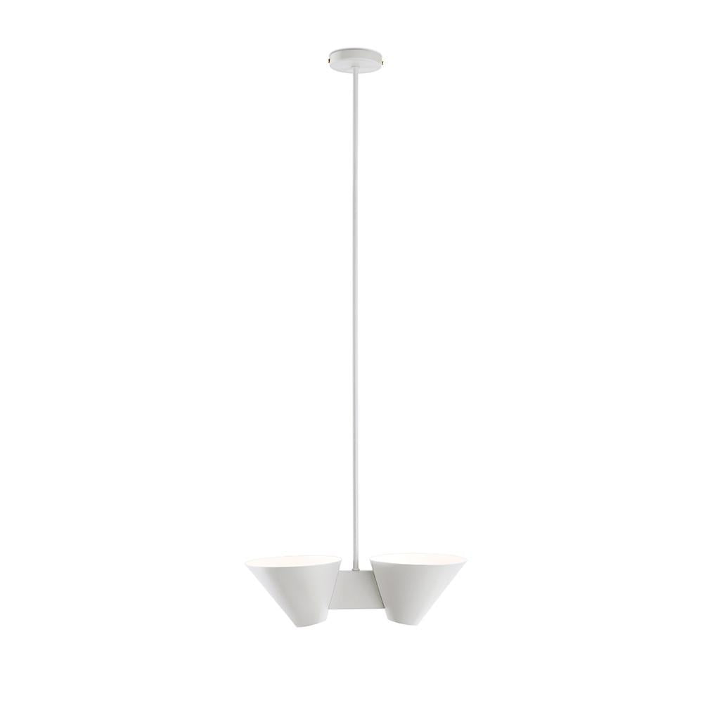 The Billy DL Ceiling by Kalmar boasts a sleek utilitarian design with a central mount and two opposite, symmetrical conical metal shades on a white rod, blending functionality with modern elegance.