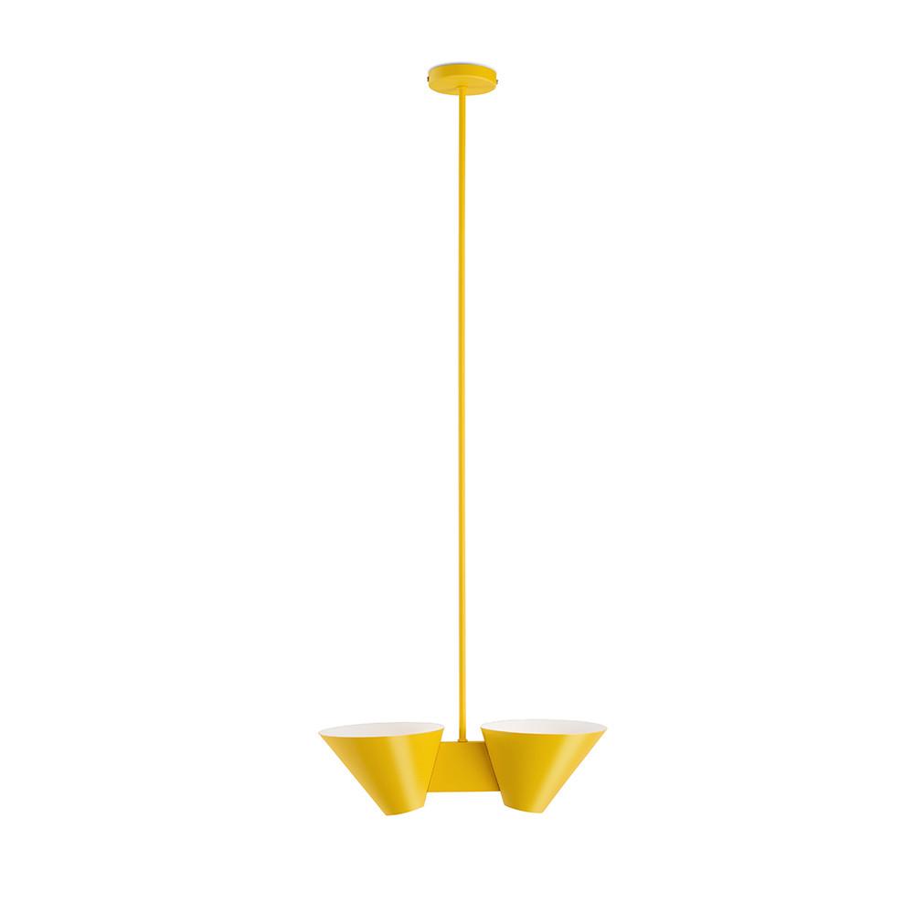 Explore the Kalmar Billy DL Ceiling lamp, a stylish pendant light blending modern design with utility. It boasts two yellow cone-shaped metal shades linked by a horizontal bar and is gracefully suspended from a round ceiling mount by a slim rod.