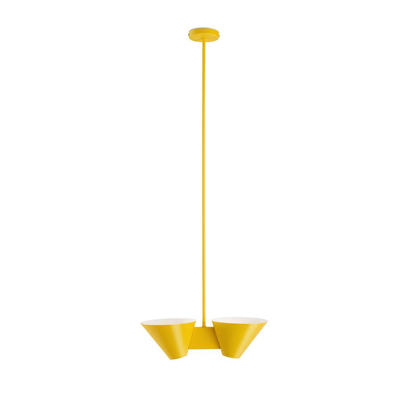 Explore the Kalmar Billy DL Ceiling lamp, a stylish pendant light blending modern design with utility. It boasts two yellow cone-shaped metal shades linked by a horizontal bar and is gracefully suspended from a round ceiling mount by a slim rod.