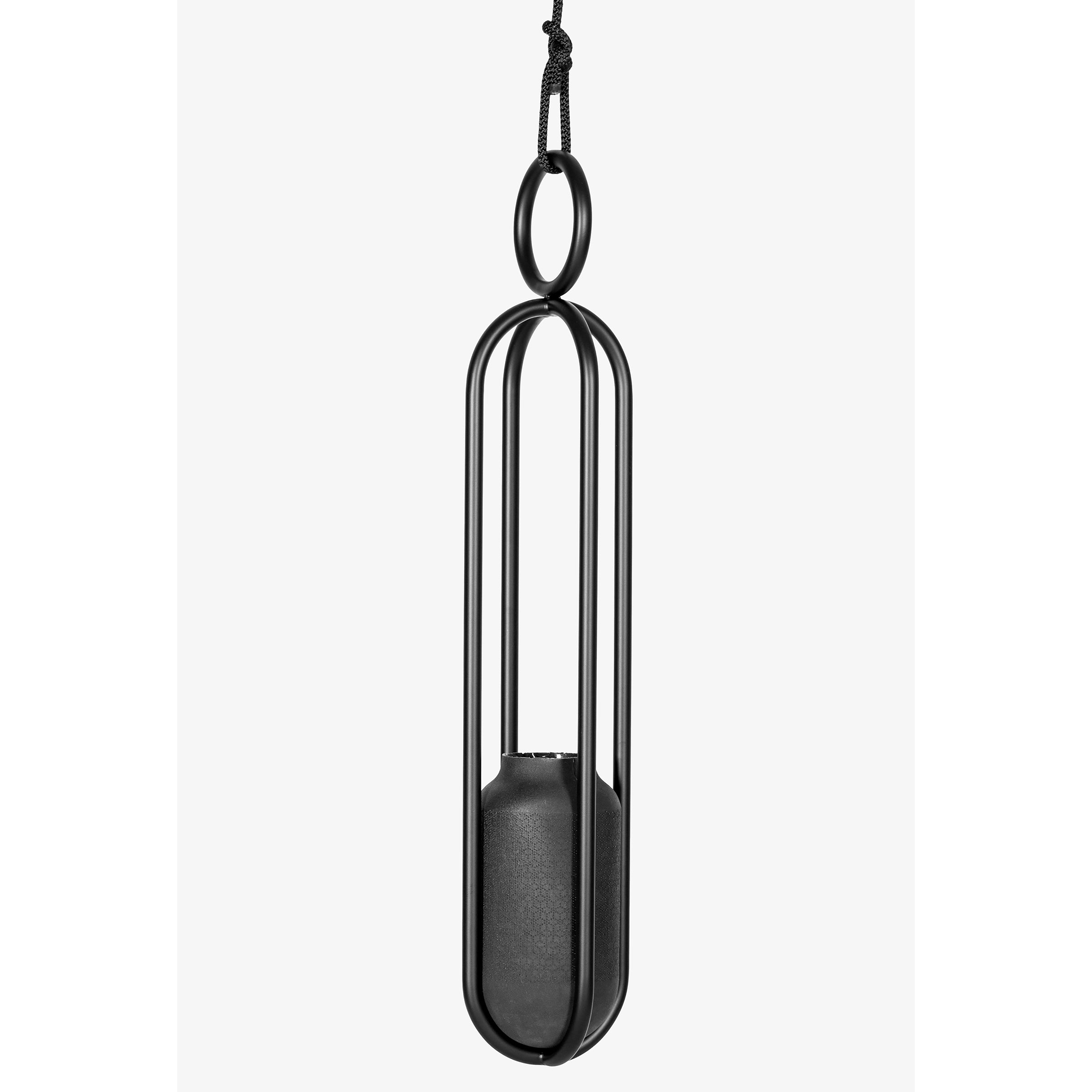 Atelier Haussmanns Blumenampel Hanging Flower Vase is a black, elongated metal pendant light with a minimalist basket-like design, featuring a top loop, three vertical bars, and an enclosed cylindrical light source.