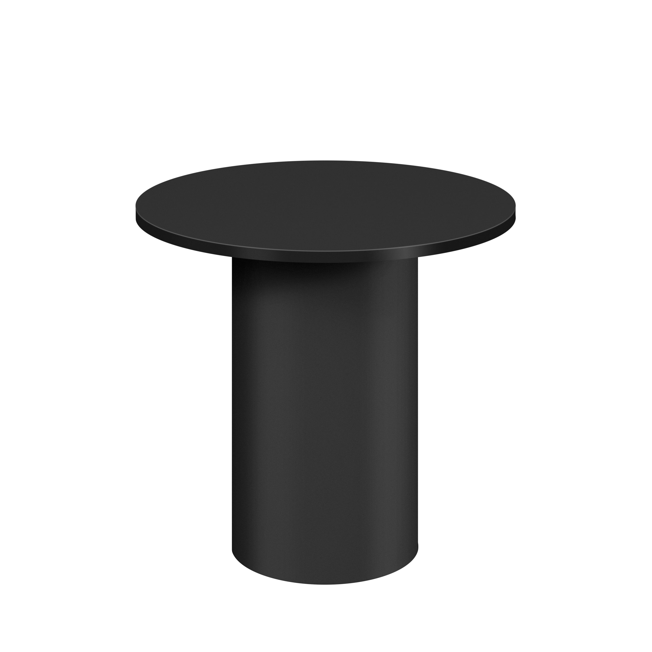 The CT09 ENOKI METAL by E15, designed by Philipp Mainzer, showcases a round black pedestal with a smooth top and cylindrical base. Constructed from powder-coated steel for durability, it stands elegantly against a plain white background.