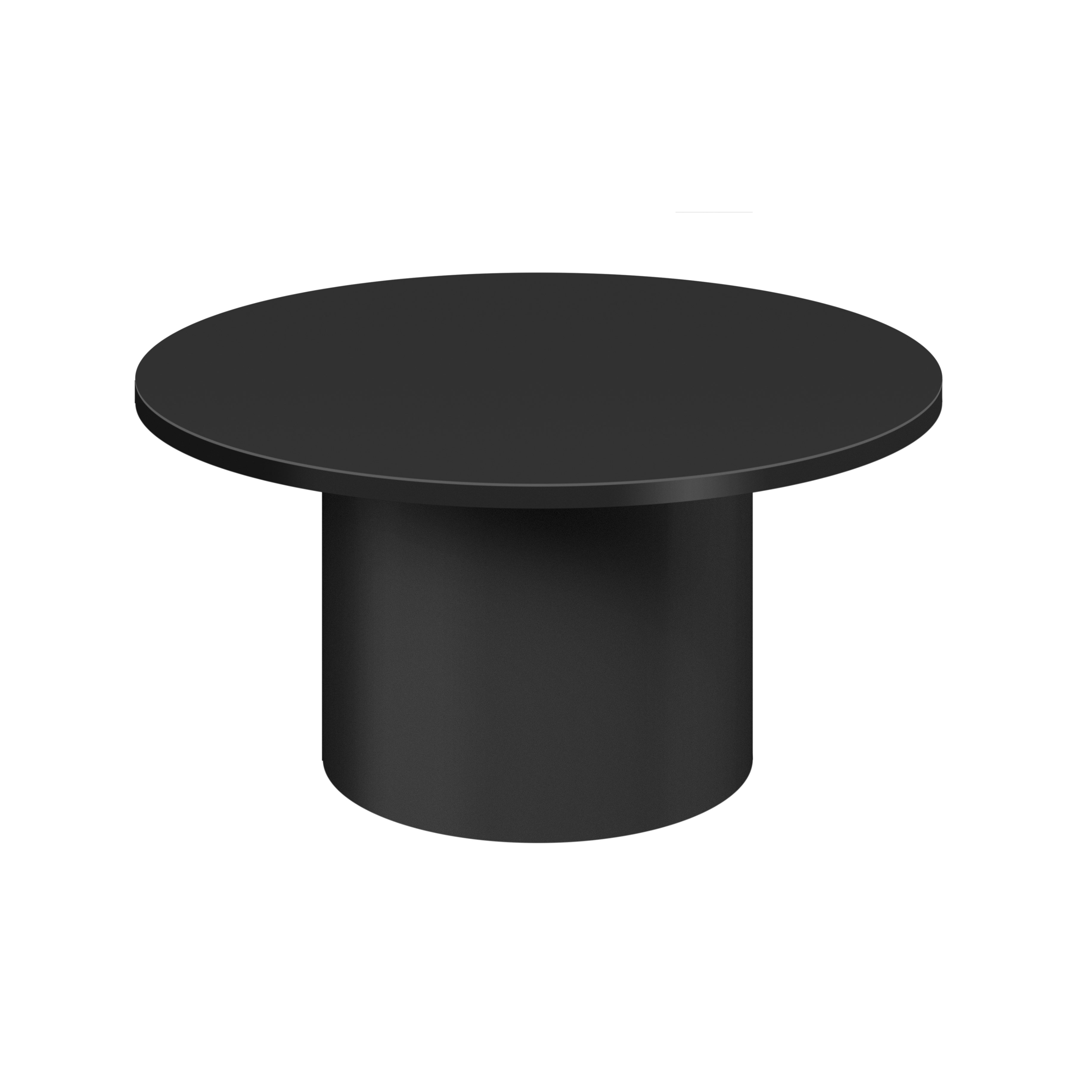 The CT09 ENOKI METAL by E15, designed by Philipp Mainzer, is a sleek black coffee table featuring a round top and cylindrical base. Crafted from powder-coated steel for durability, it is displayed against a plain white background.