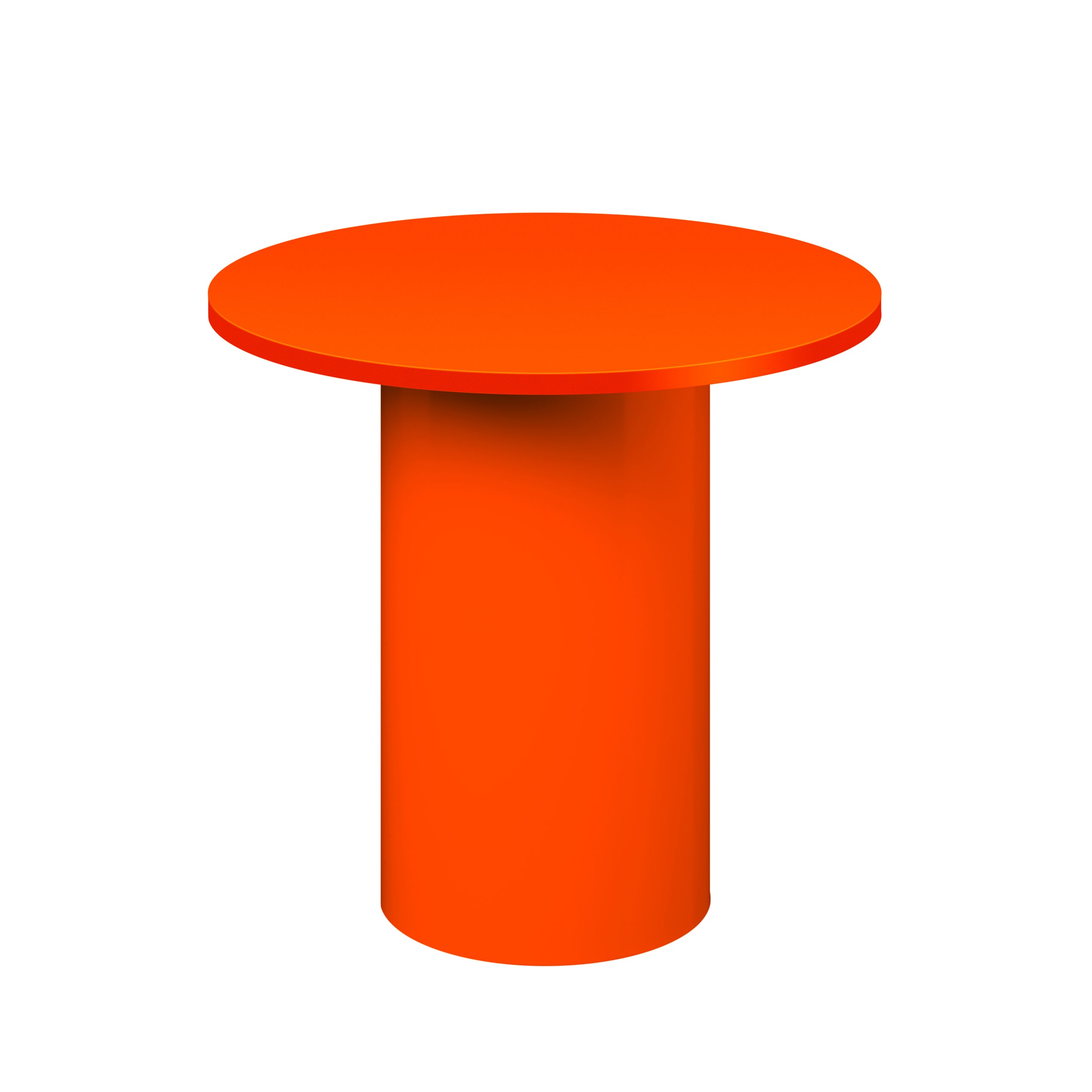 The CT09 ENOKI METAL by E15, designed by Philipp Mainzer, is a minimalist cylindrical side table featuring a bright orange powder-coated steel finish. With its sleek modern design and smooth glossy surface, it stands out elegantly against a plain white background.