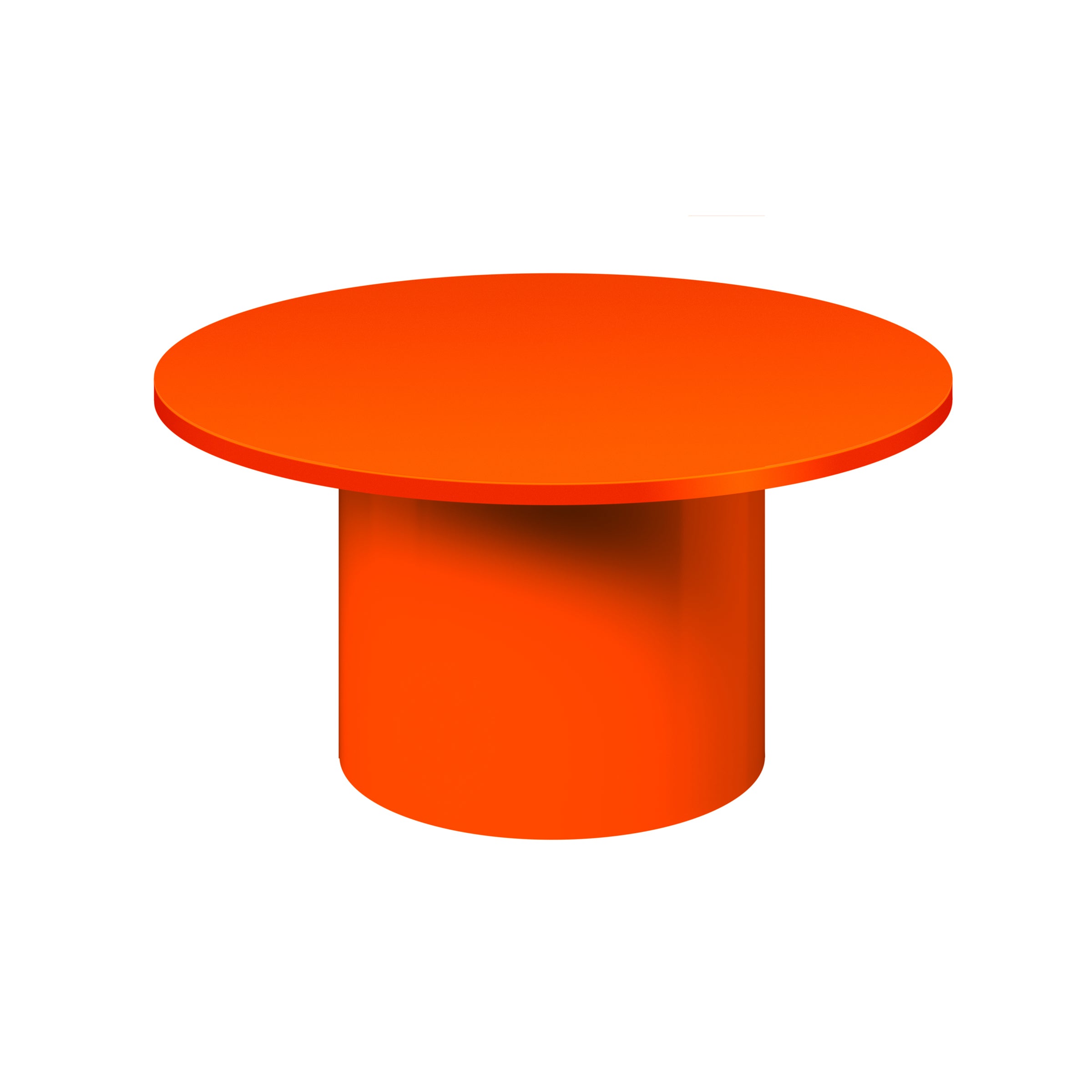 A vibrant orange, round-topped CT09 ENOKI METAL side table by E15 stands against a white background. Designed by Philipp Mainzer, it boasts a minimalist aesthetic with a smooth, steel powder-coated surface and a wide, sturdy base.