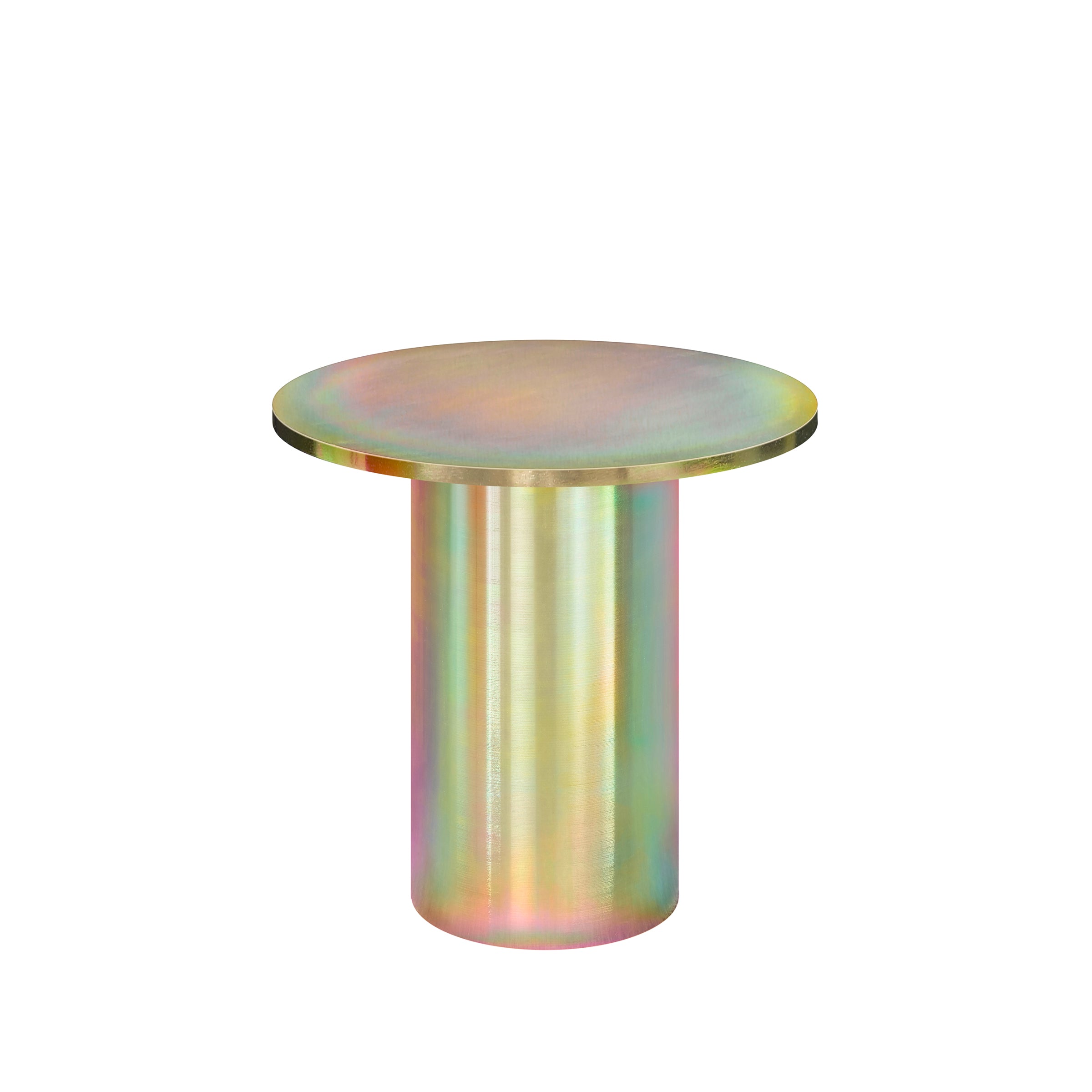 The CT09 ENOKI METAL side table by E15 has a round, iridescent metal design with a thick cylindrical base and flat top. Its steel powder-coated finish reflects gold, pink, and green hues against a plain white backdrop.