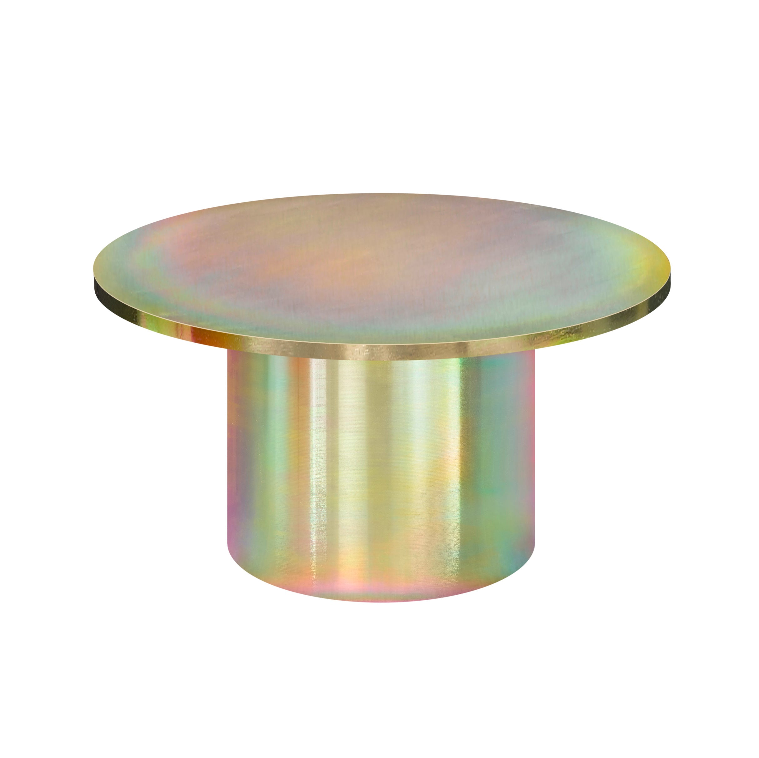 The CT09 ENOKI METAL table by E15, designed by Philipp Mainzer, features a round metallic shape with a reflective surface and cylindrical base; its steel powder-coated finish presents an iridescent mix of gold, pink, and green.