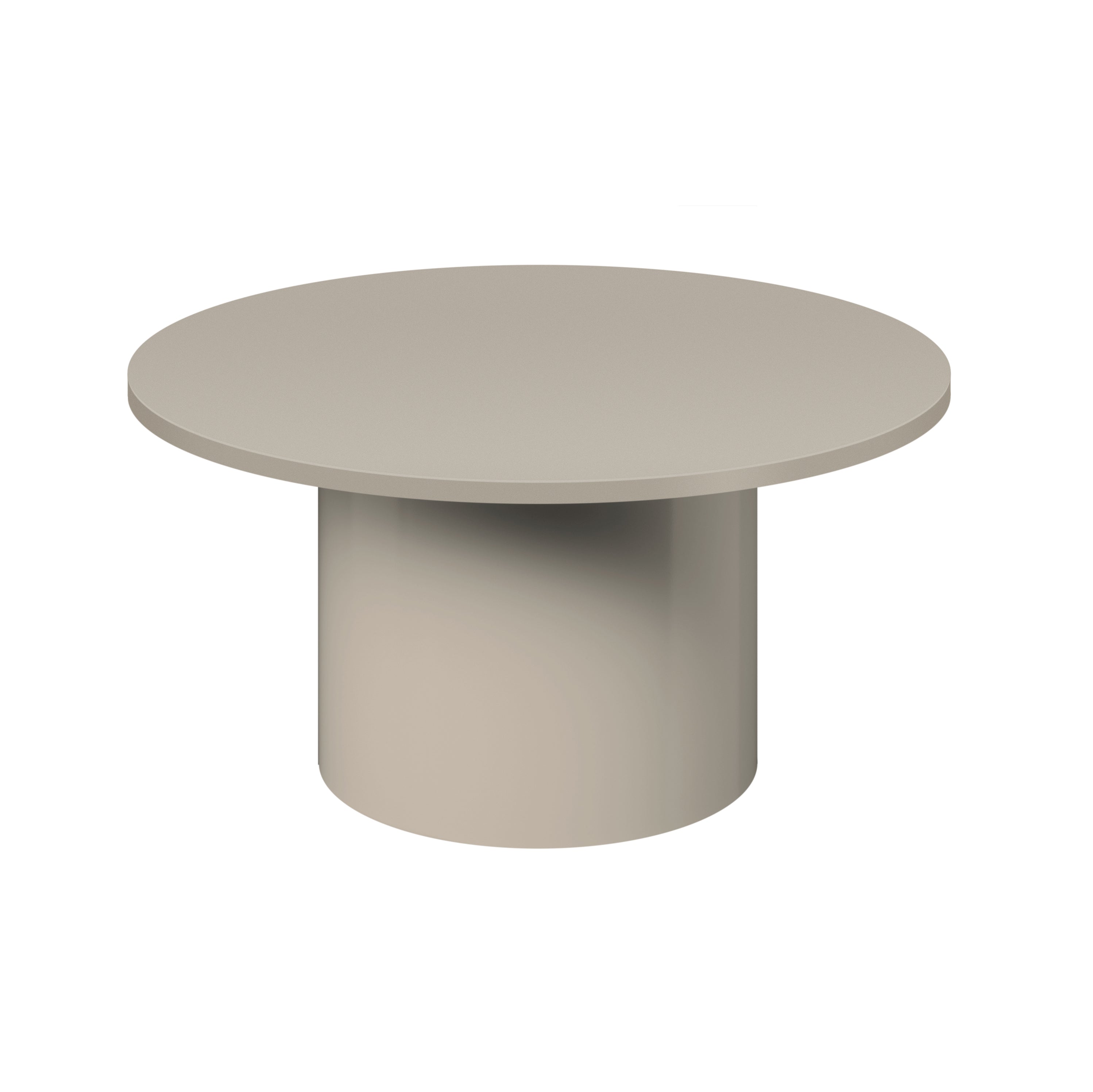 The CT09 ENOKI METAL side table by E15 features a minimalist design with a beige surface on a solid cylindrical base, crafted with precision and finished in sleek powder-coated steel, elegantly standing against a plain white background.