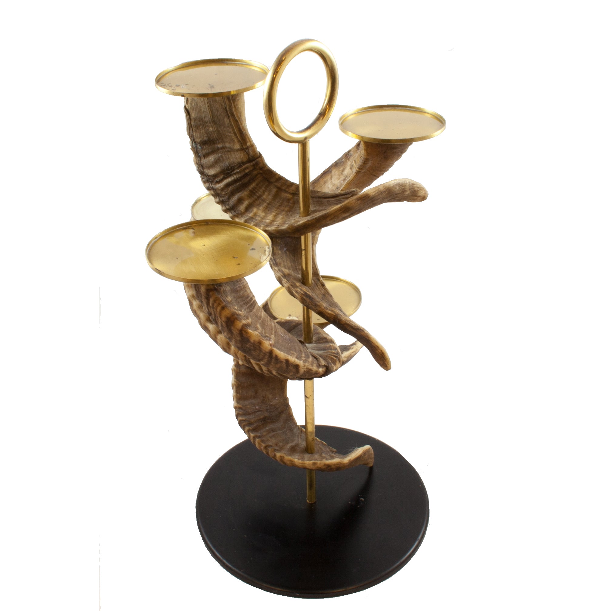 The Vintage Five Horn Candlestick - Sale by Werkstätte Carl Auböck features a black base with twisted horns and gold plates, capturing the charm of a Viennese townhouse and enhanced with an ornate top ring for elegant artistic flair.