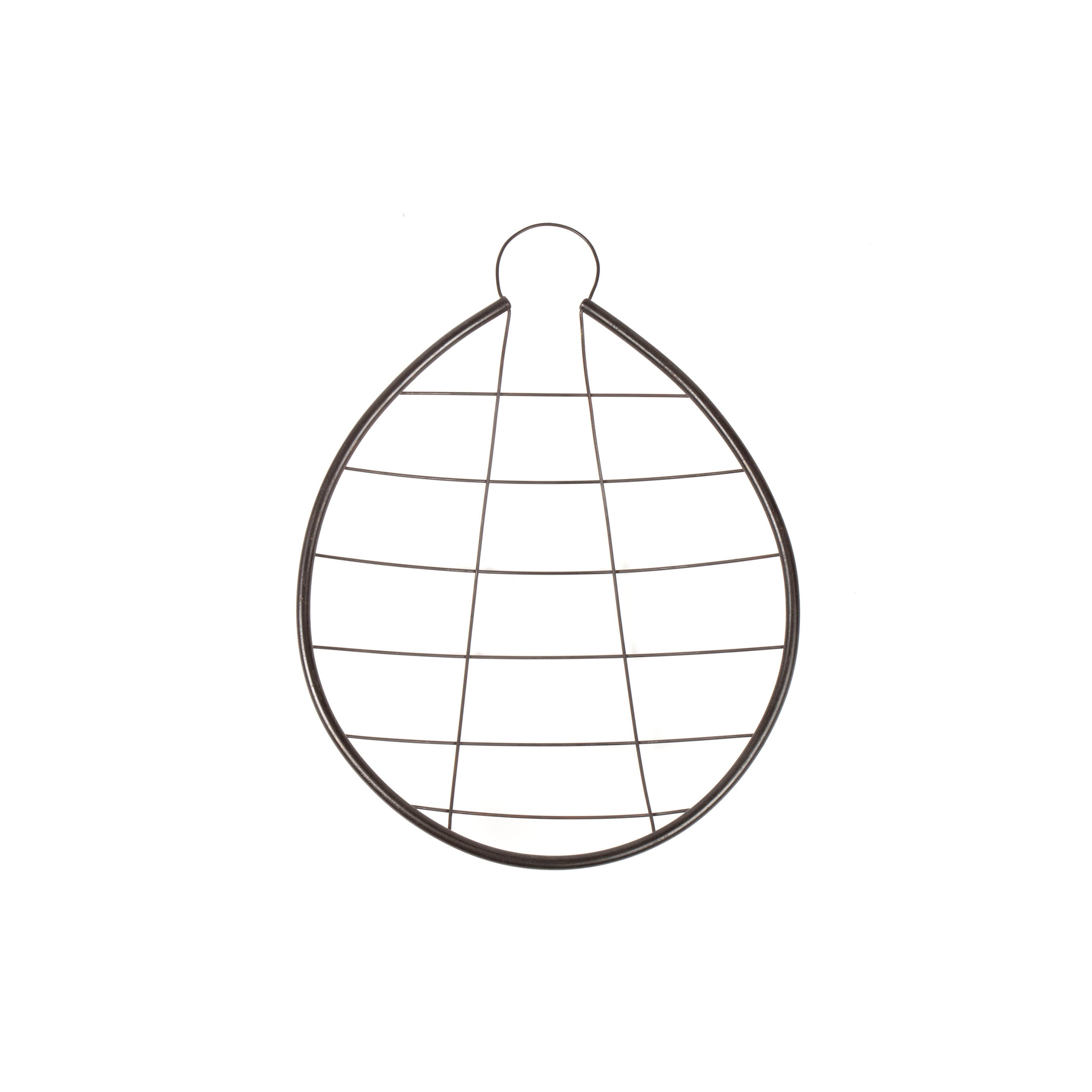 The Fruit Sieve #7226 from Werkstätte Carl Auböck embodies the brand’s design flair with its metal egg-shaped form, horizontal bars, loop for hanging, and is displayed against a plain white background.