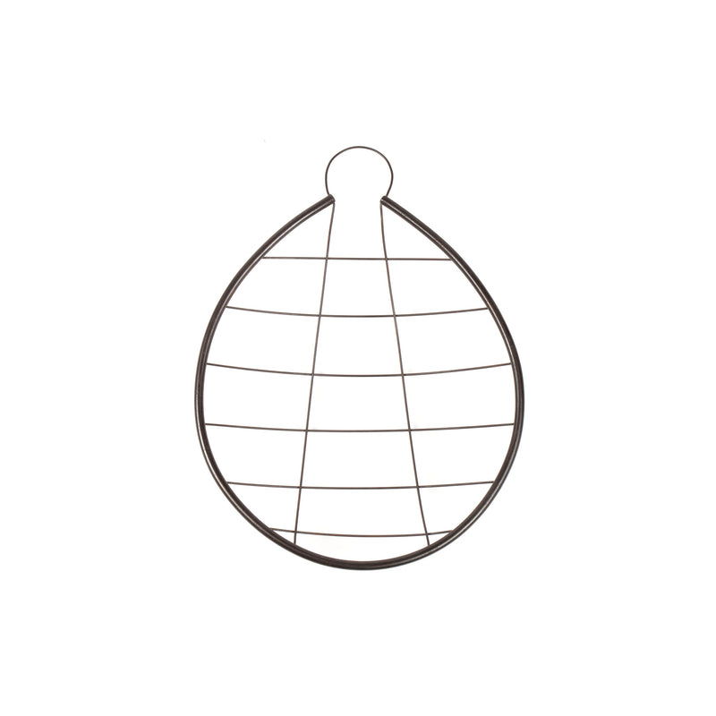 The Fruit Sieve #7226 from Werkstätte Carl Auböck embodies the brand’s design flair with its metal egg-shaped form, horizontal bars, loop for hanging, and is displayed against a plain white background.