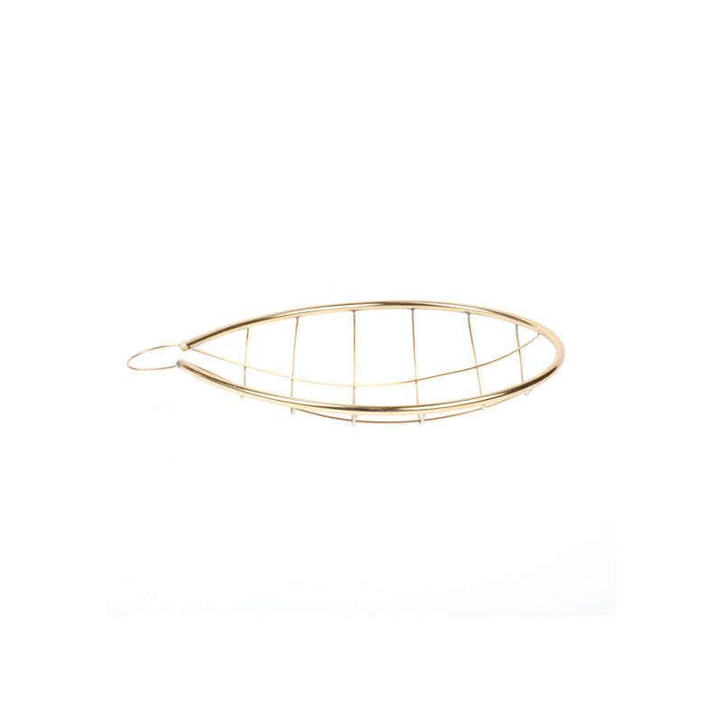 The Fruit Sieve #7226 by Werkstätte Carl Auböck is a minimalist oval-shaped gold wire basket, reminiscent of Auböcks style. It features a simple grid design with a small circular handle, echoing the elegance seen at the Triennale di Milano, set against a white background.
