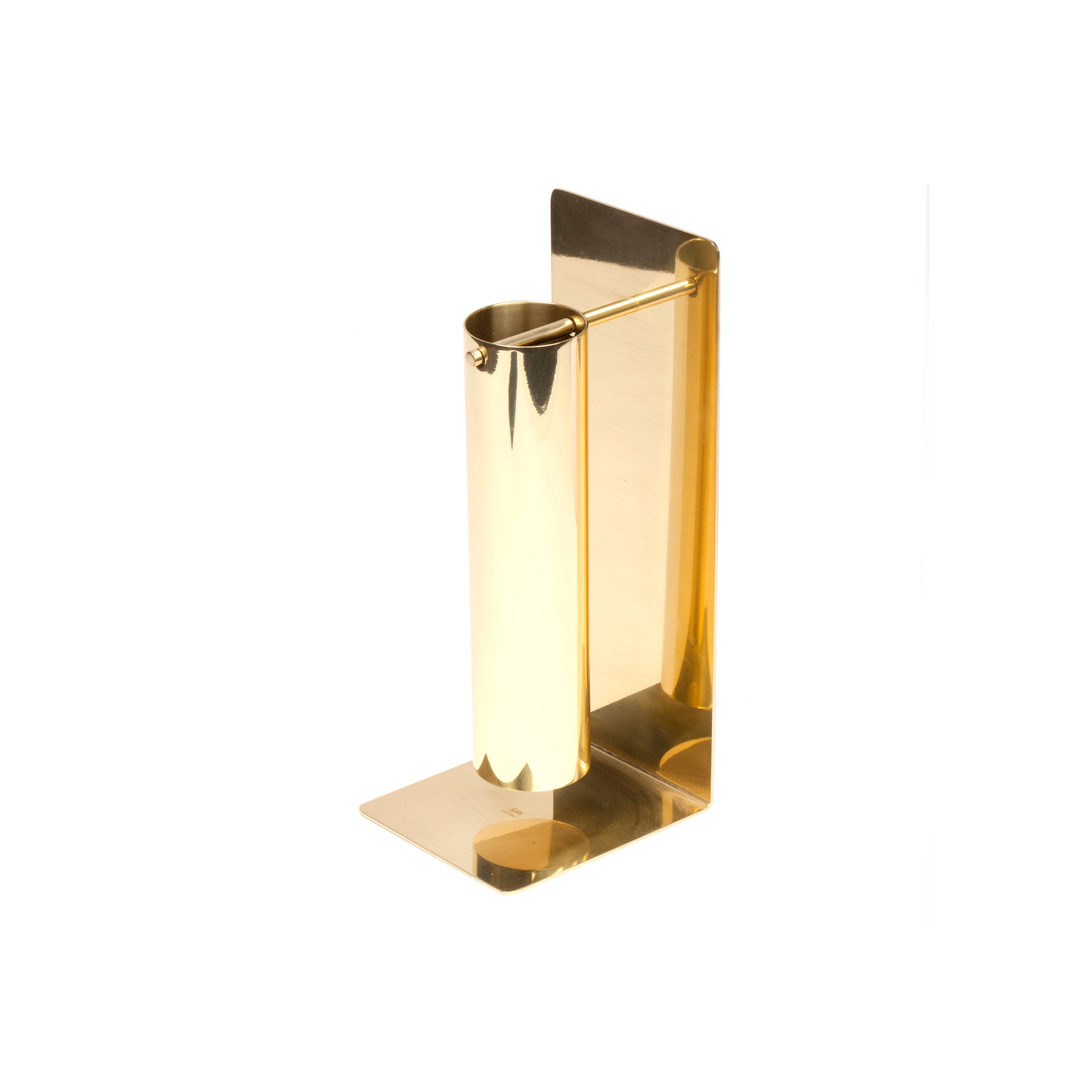 The Aroma Burner #7242 by Werkstätte Carl Auböck is a modern, gold-toned metal candle holder with a sleek cylindrical design and an L-shaped base, epitomizing the refined elegance of a Viennese townhouse against a pristine white backdrop.