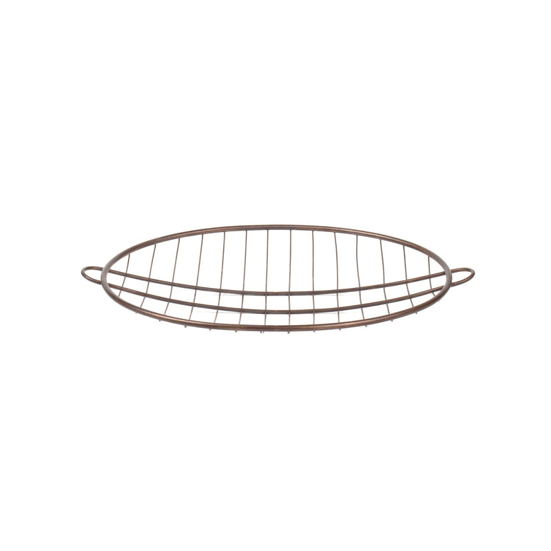 The Fruit Sieve #7252 by Werkstätte Carl Auböck is an oval-shaped basket with a brown metal wireframe and two small loop handles. Its open grid design allows for great visibility and airflow, perfect for holding fruits or decorative items.