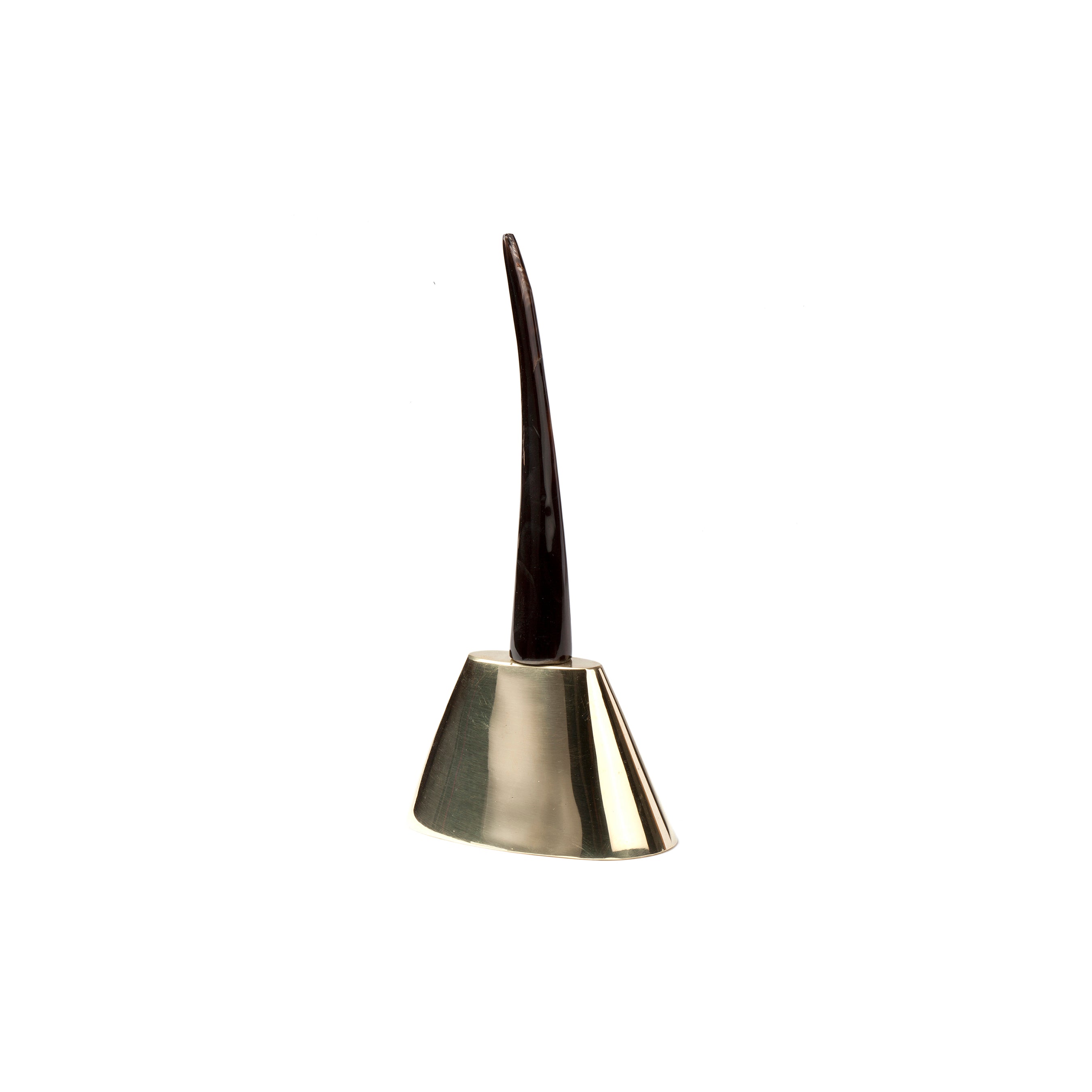 The Werkstätte Carl Auböck Bell #3603 is a modern, abstract sculpture with a golden triangular base and dark, slender spire reminiscent of 1954 Triennale di Milanos elegant innovations, set against a white background for a sleek, minimalistic aesthetic.