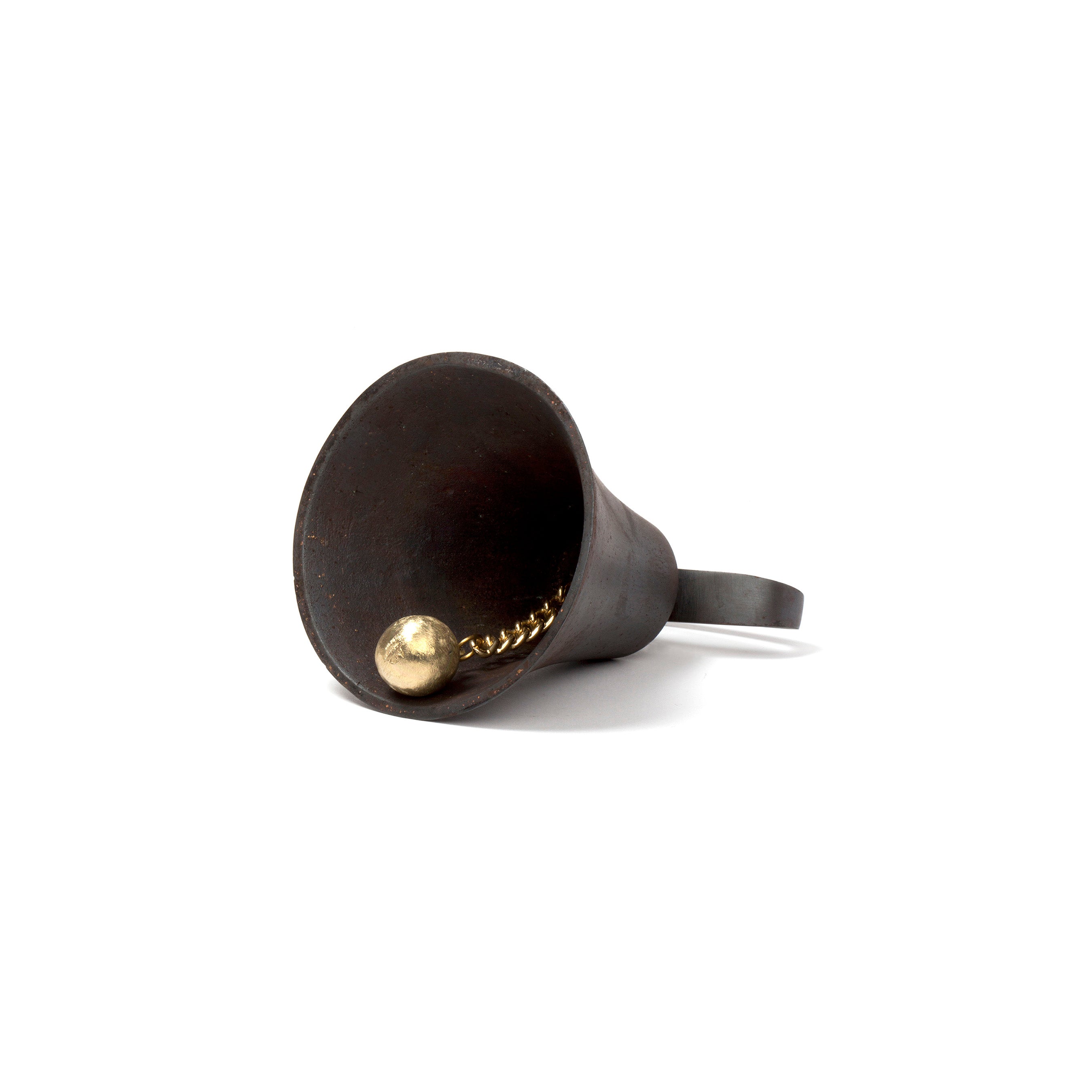 The Bell of the German Federal Parliament #3691 by Werkstätte Carl Auböck features a rustic metal design with a brass clapper, evoking the timeless charm of a Viennese townhouse. Its elongated handle and worn surface capture the vintage elegance typical of Auböcks designs.
