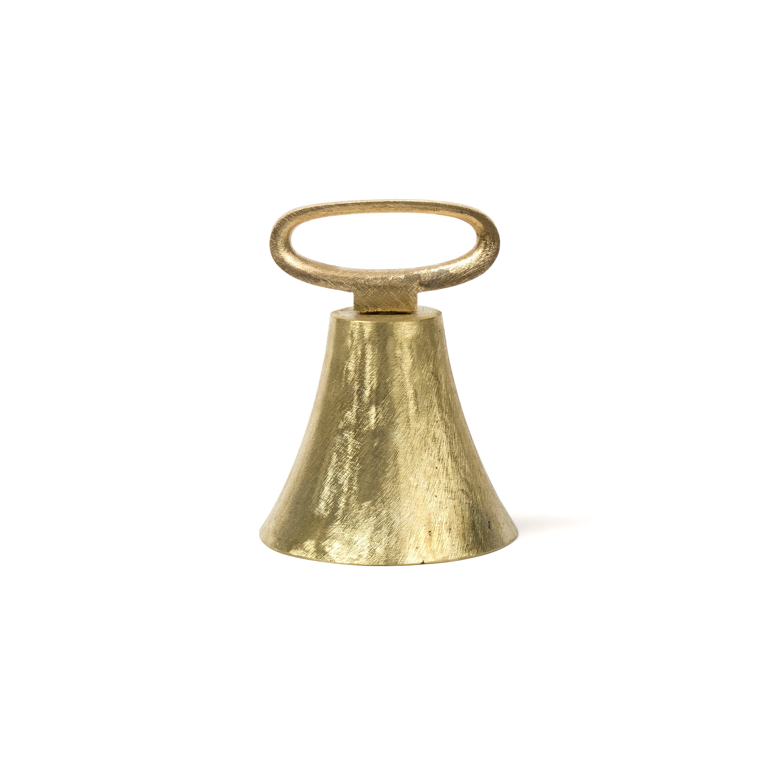 The Bell of the German Federal Parliament #3691 by Werkstätte Carl Auböck is showcased against a white background; it has a textured golden surface, an oval-shaped handle, and a wide base that gracefully tapers upwards.