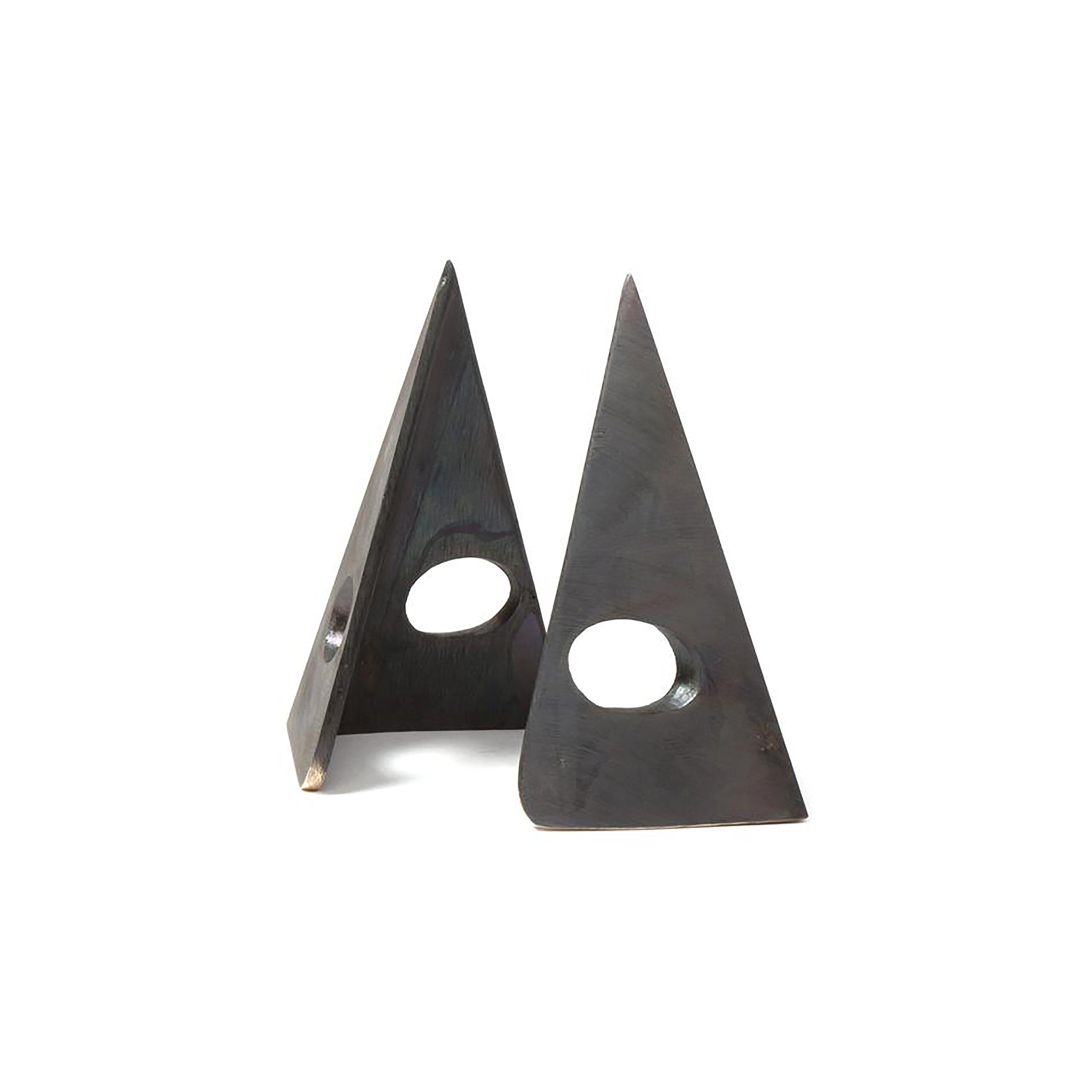 The Pair of Bookends #4100 by Werkstätte Carl Auböck, featuring geometric metal designs with triangular shapes and circular cutouts, are set against a white background.